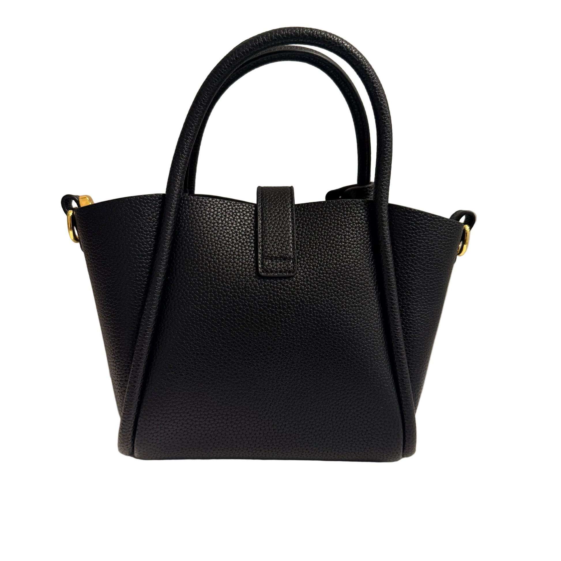 Black handbag on a beige background