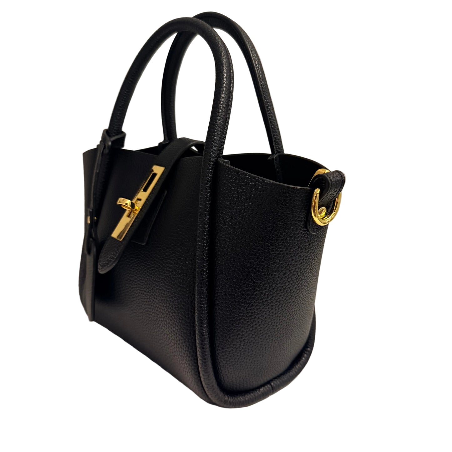 Black handbag with gold hardware on a light background
