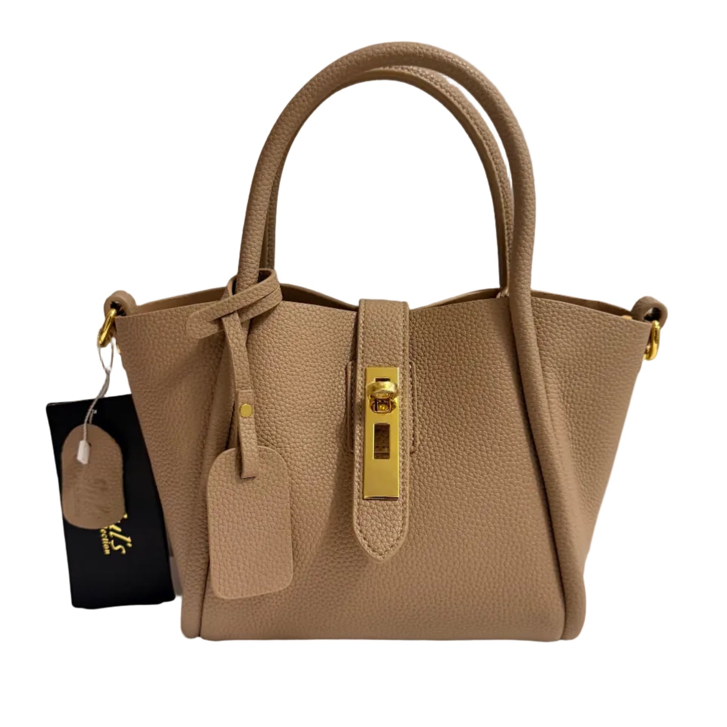 Beige handbag with gold accents on a light gray background
