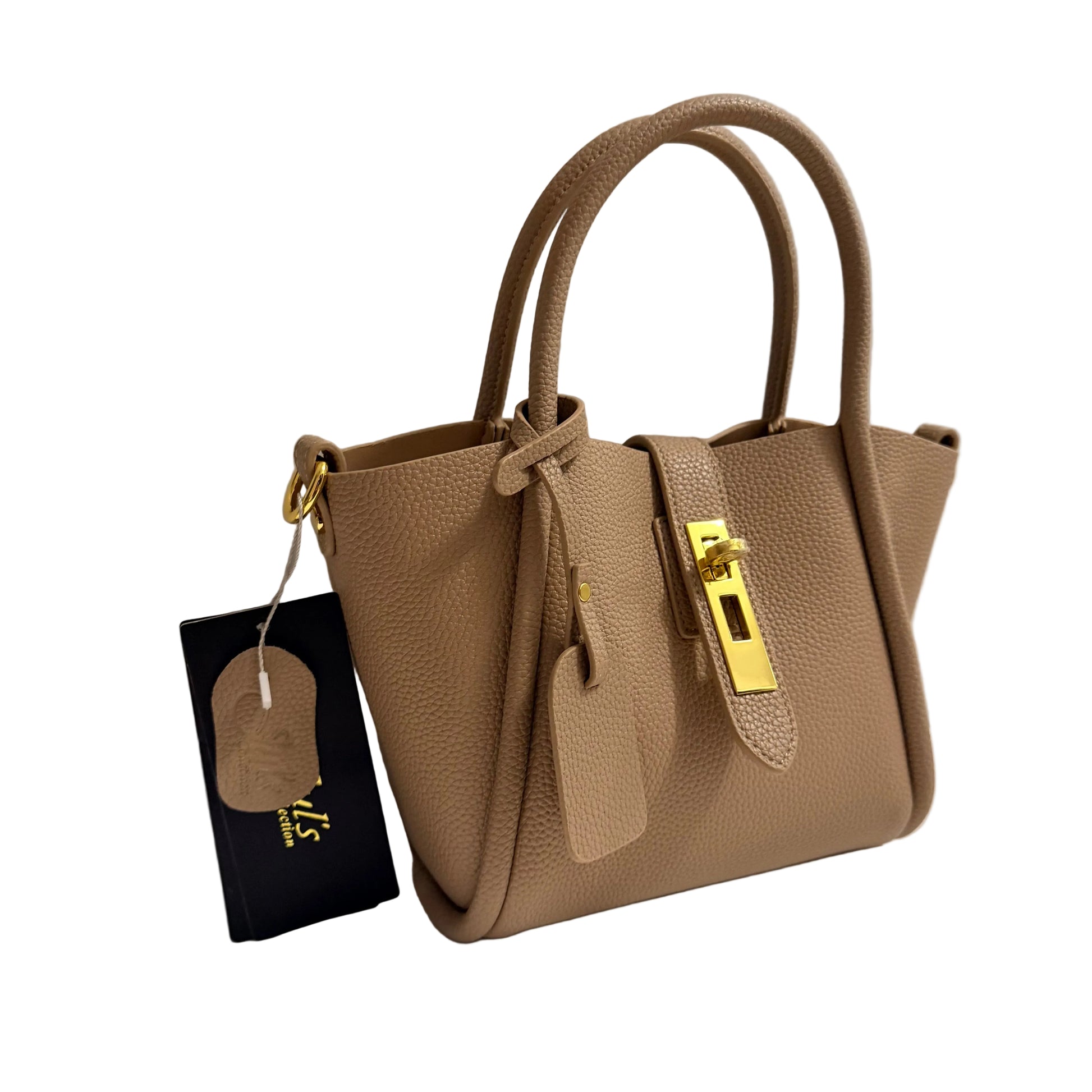 Beige handbag with gold hardware on a light gray background