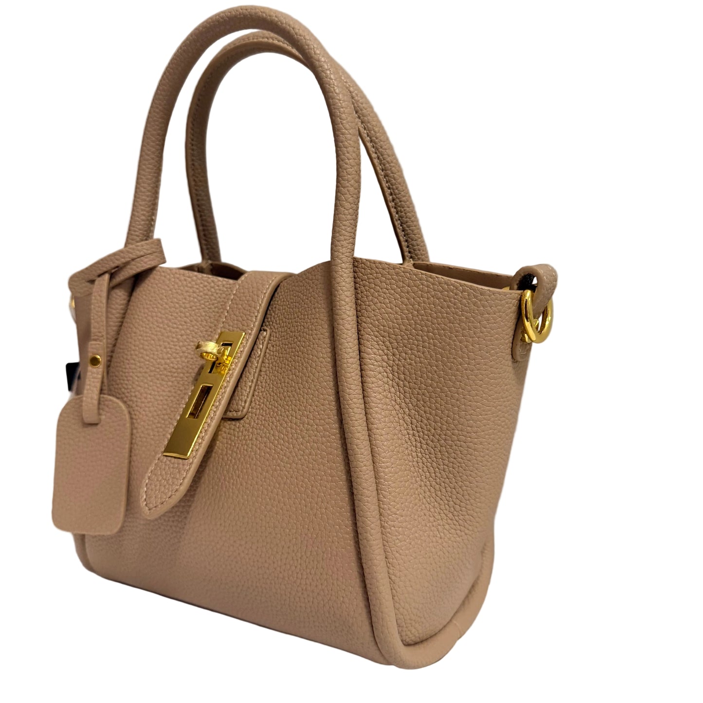 Beige handbag with gold accents on a light gray background