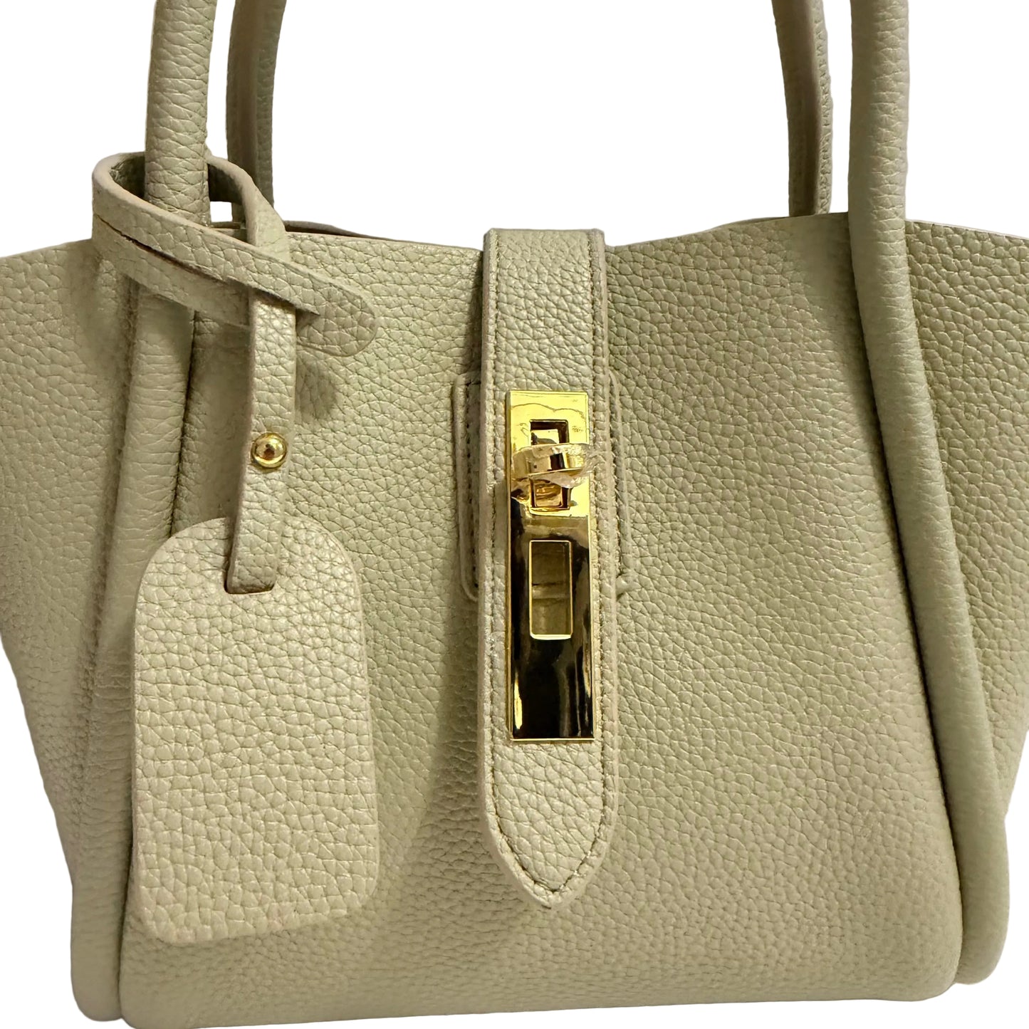 Light green handbag with a gold clasp on a neutral background