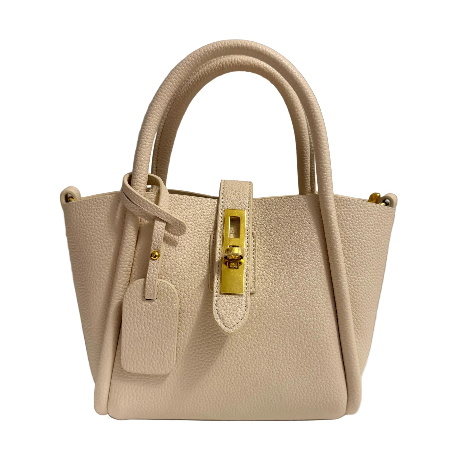Beige handbag with a gold clasp on a light gray background