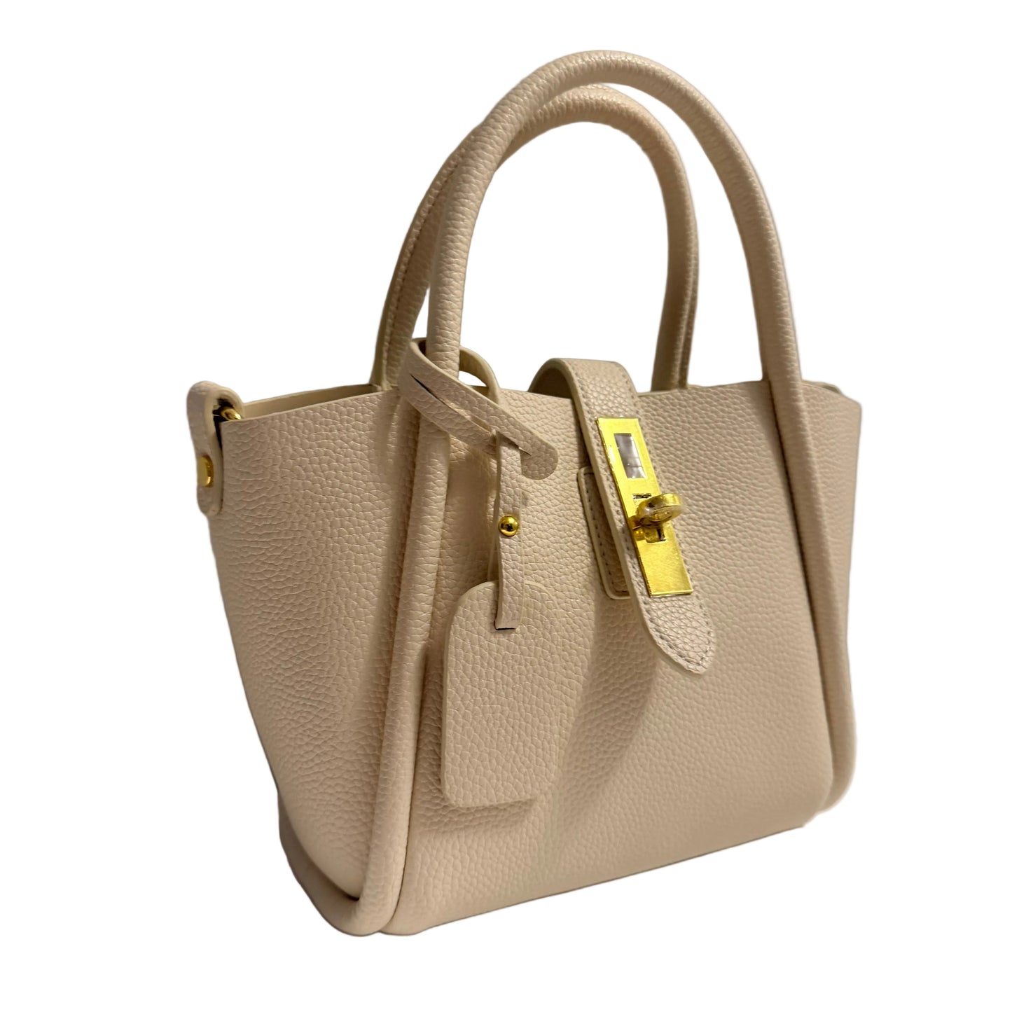 Beige handbag with a gold clasp on a light gray background