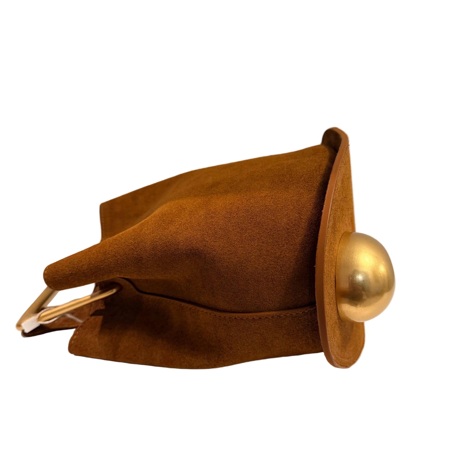 Brown bag with a gold handle and clasp on a white surface