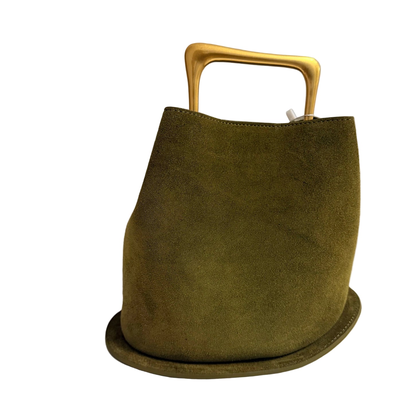 Green suede handbag with a gold handle on a light gray background