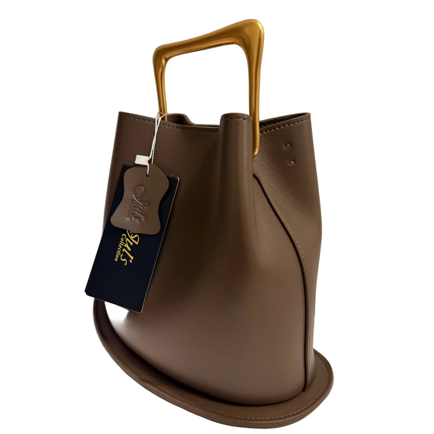 Brown handbag with gold handle on a light gray background