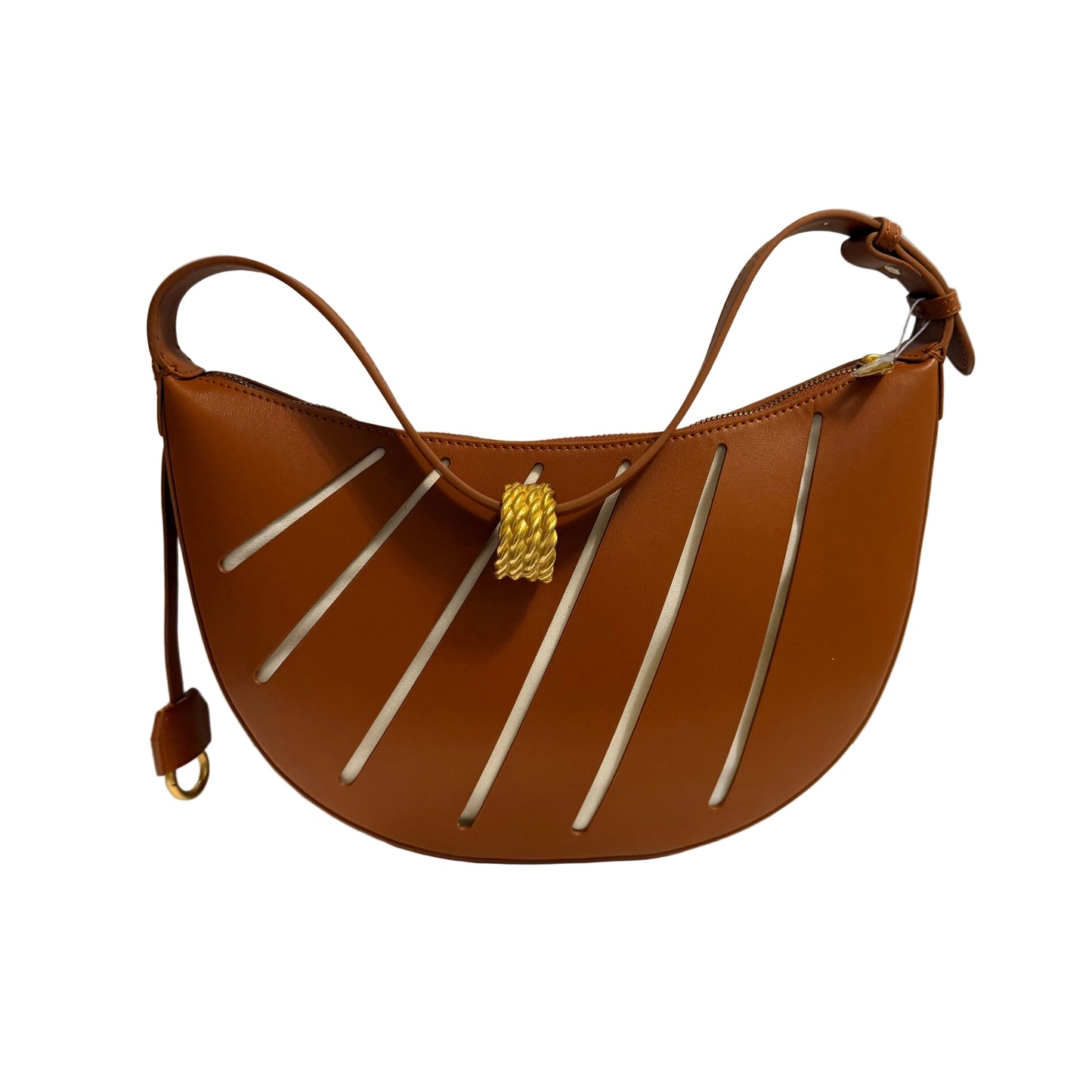 Brown leather handbag with gold clasp on a light gray background