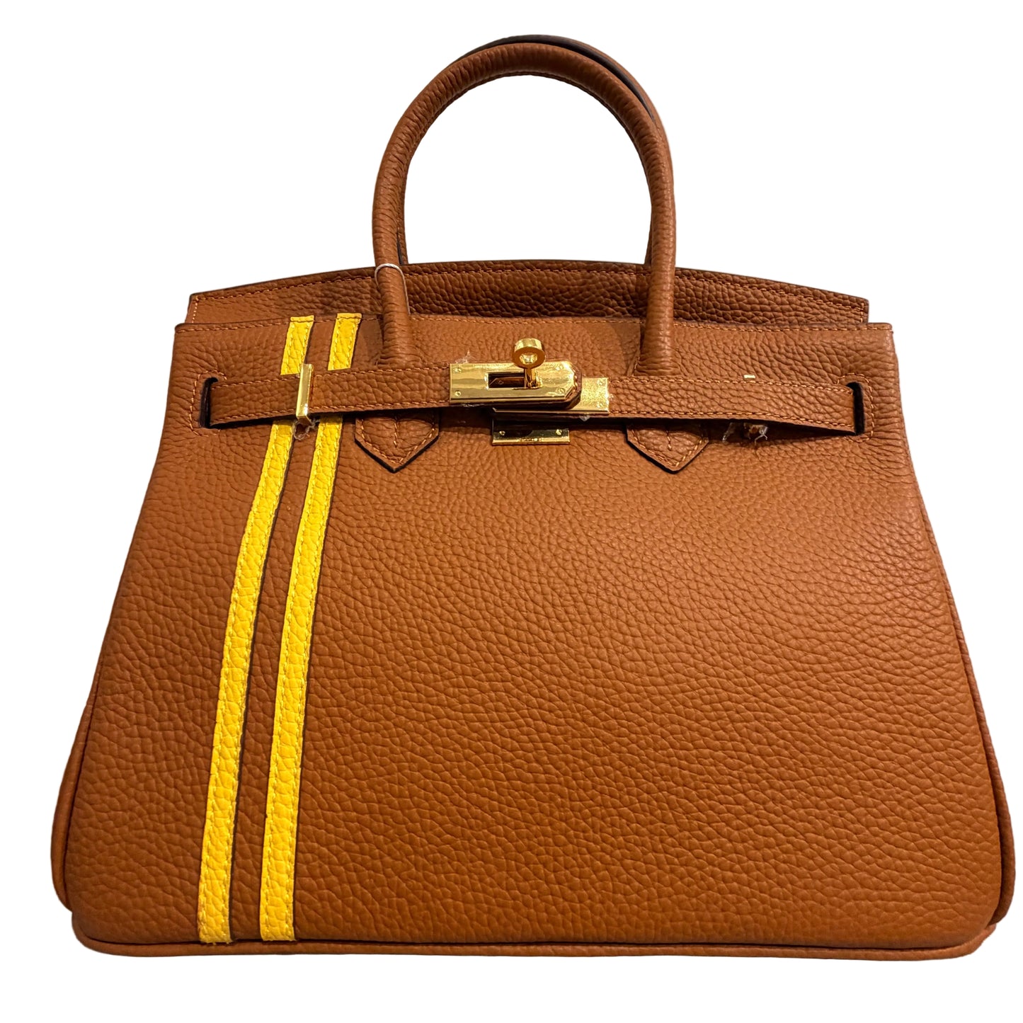 Brown leather handbag with gold hardware on a neutral background