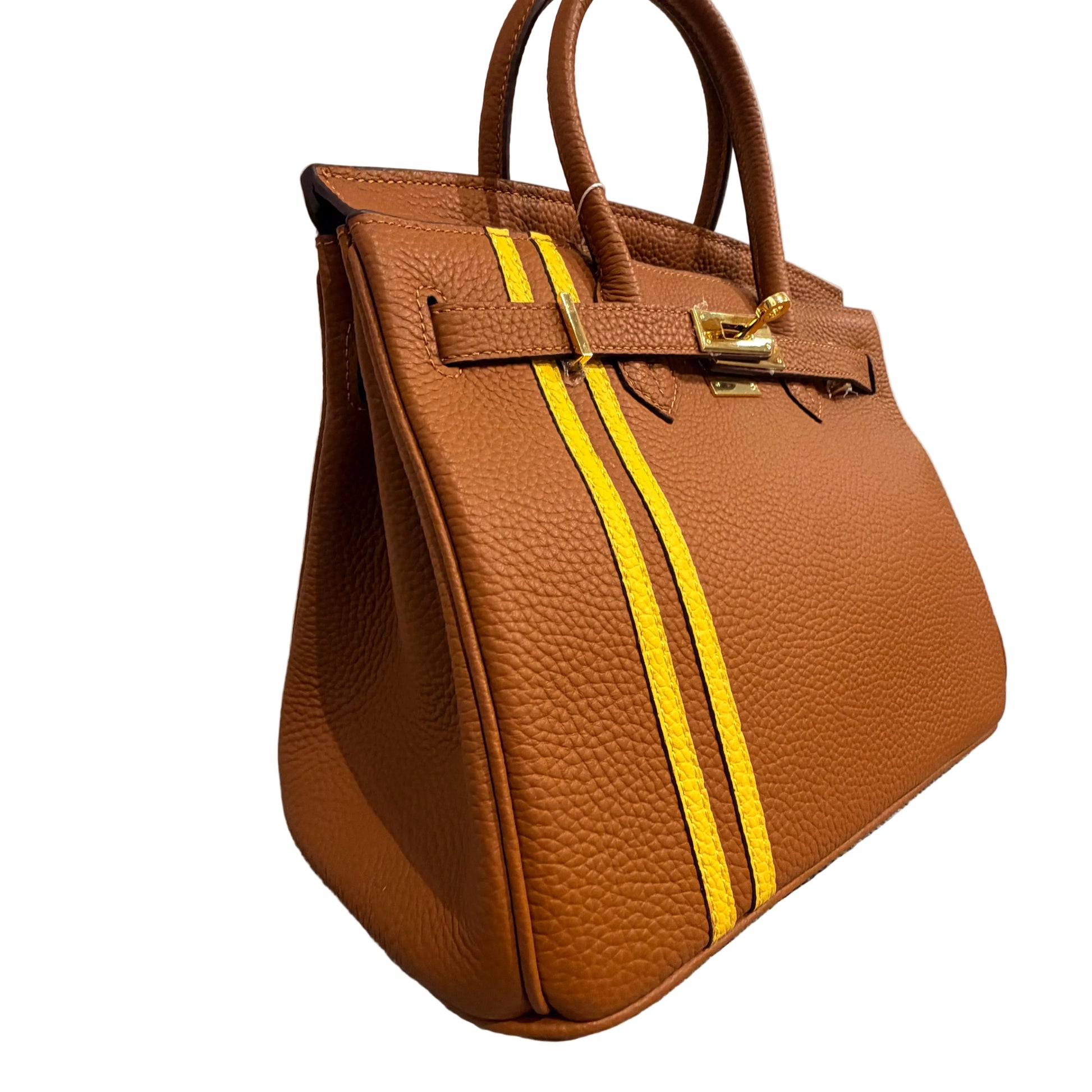 Brown leather handbag with a yellow stripe on a gray surface