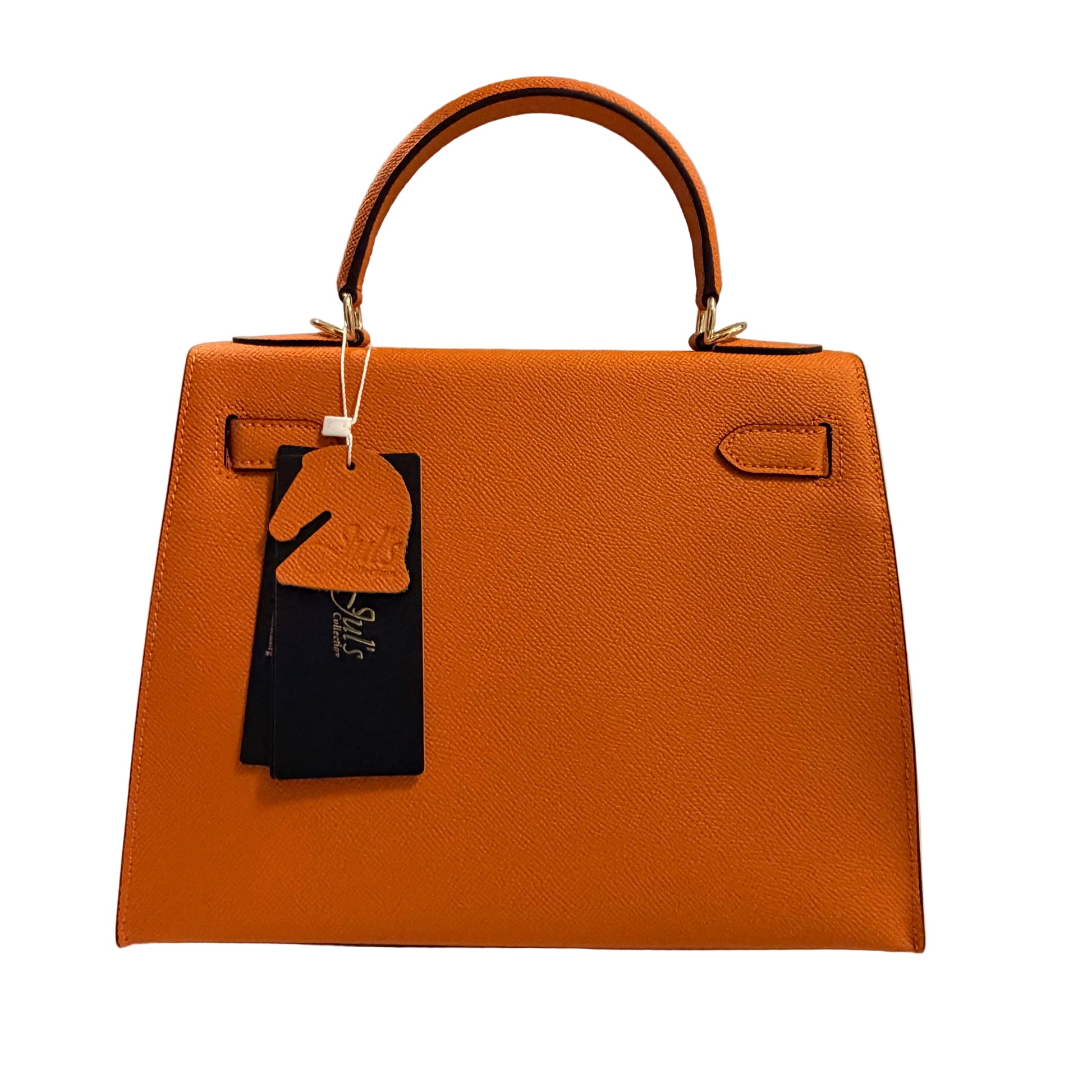 Brown handbag with a tag on a neutral background