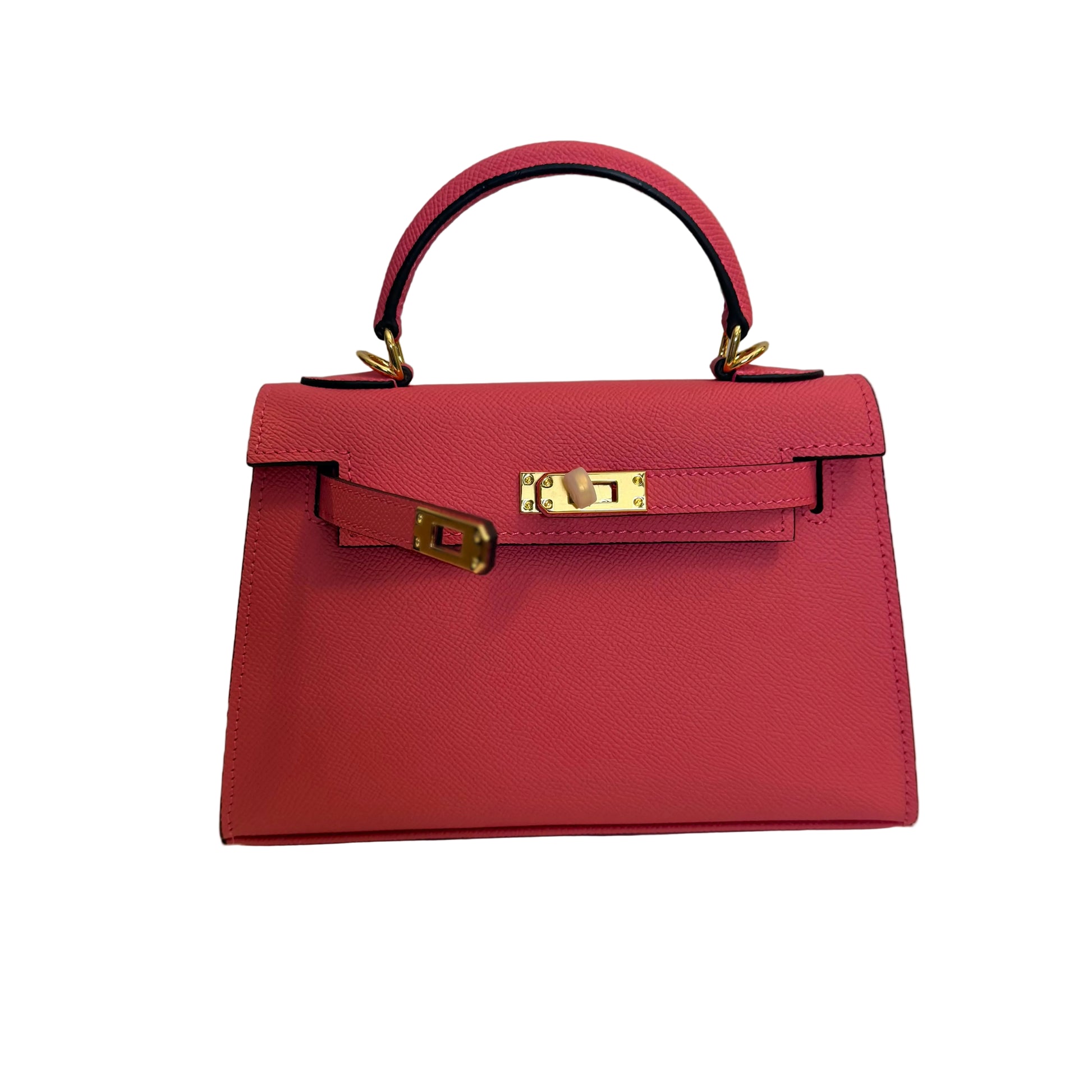 Red handbag with a gold clasp on a light gray background