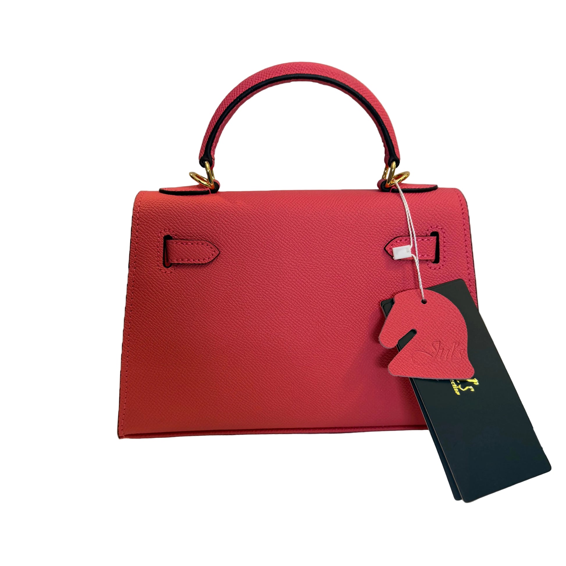 Red handbag with a brand tag on a neutral background