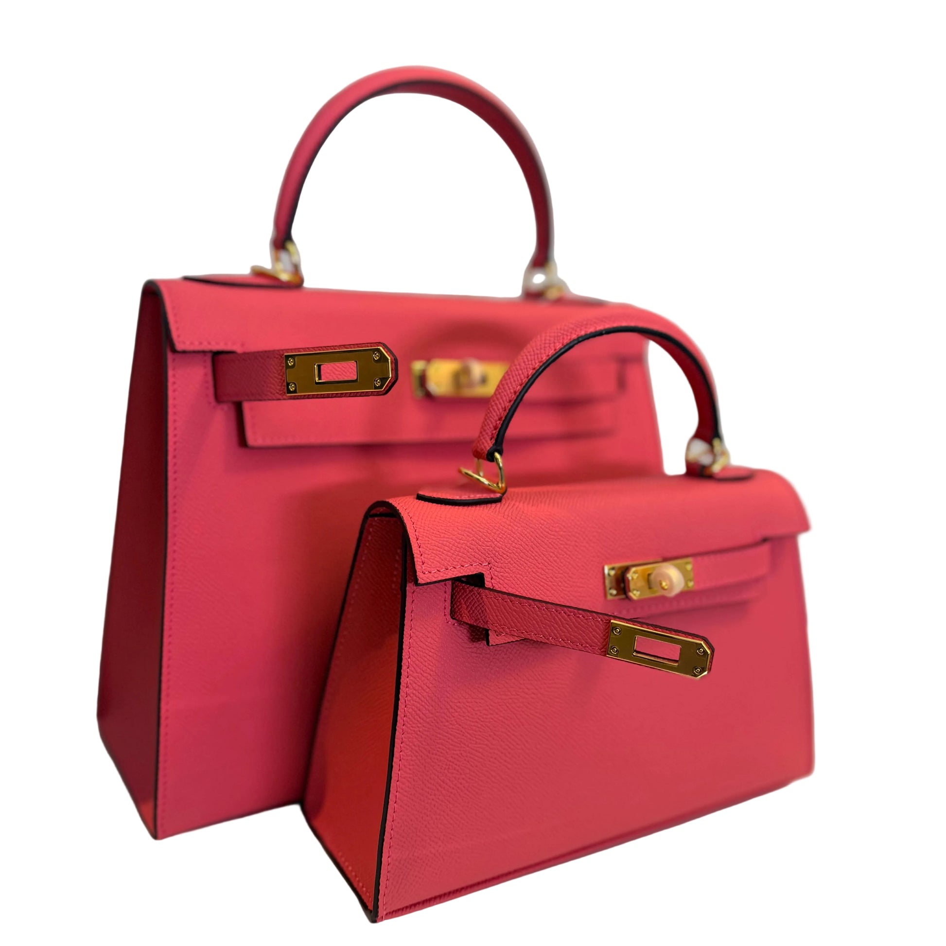 Two red handbags with gold hardware on a light gray background