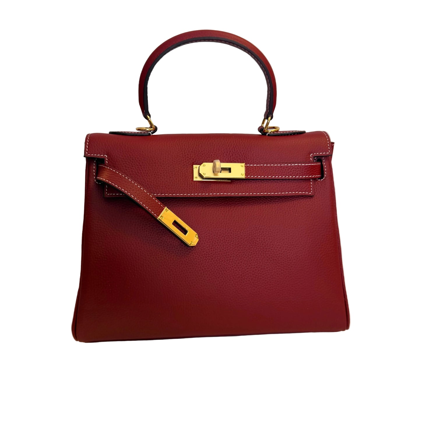 Red handbag with gold hardware on a neutral background