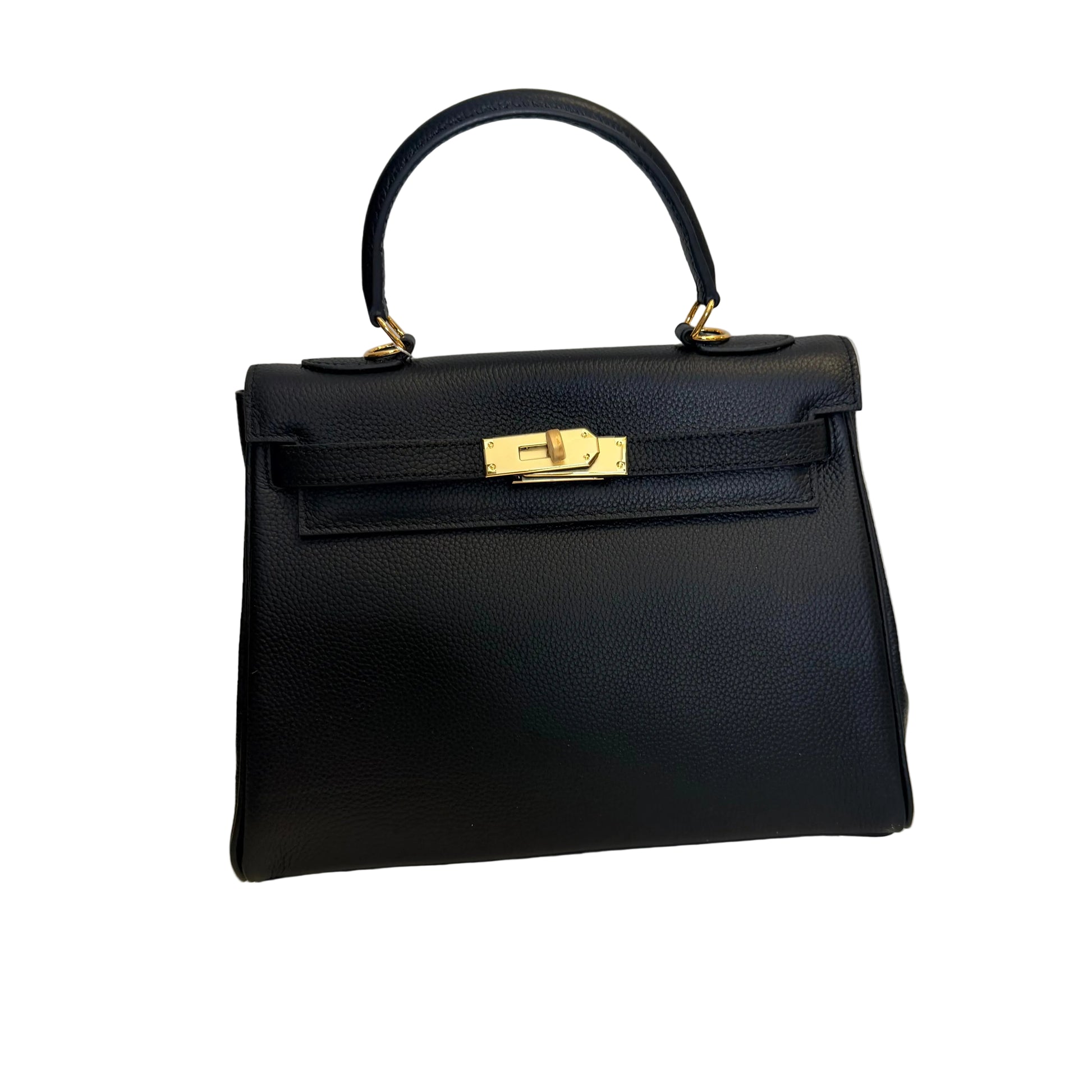 Black handbag with gold hardware on a light gray background