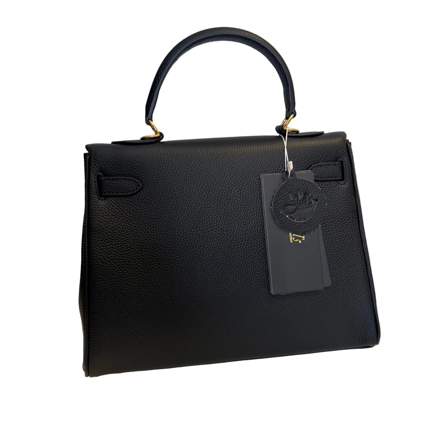 Black handbag with a visible brand tag on a light background