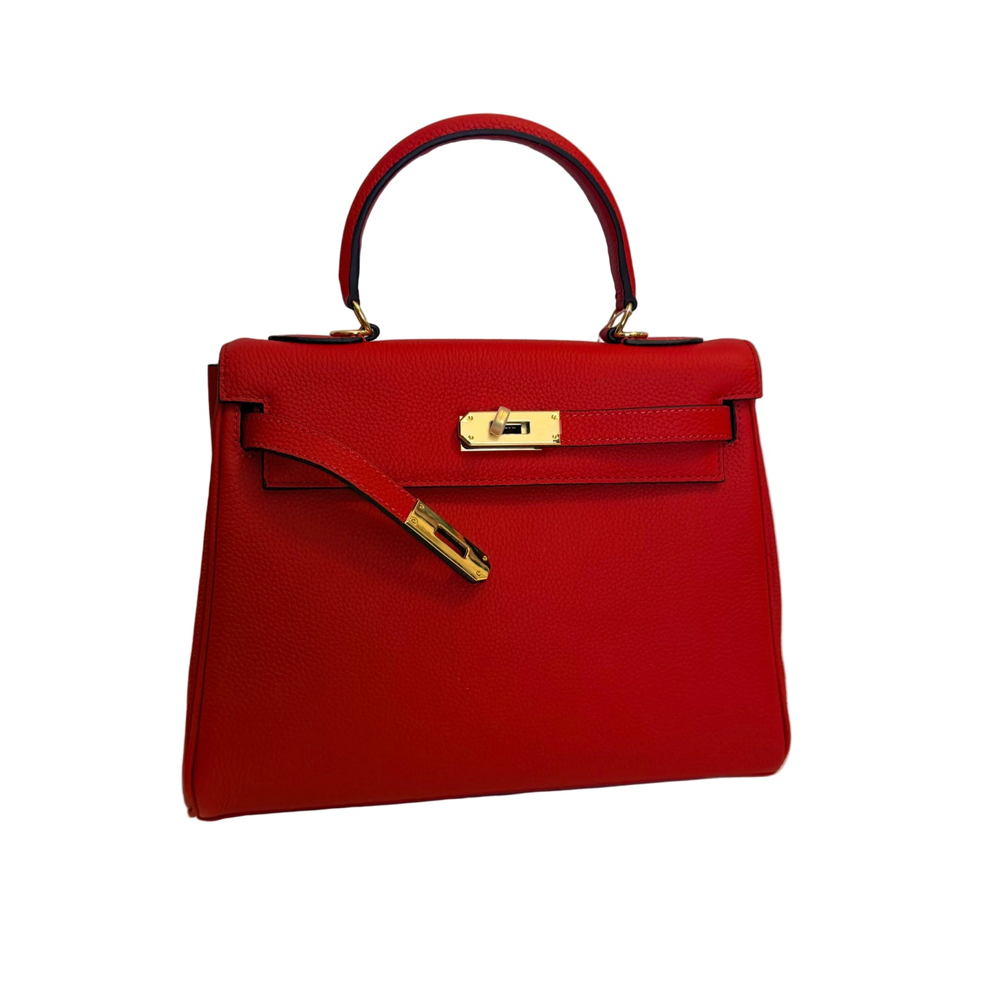 Red handbag with gold hardware on a light gray background