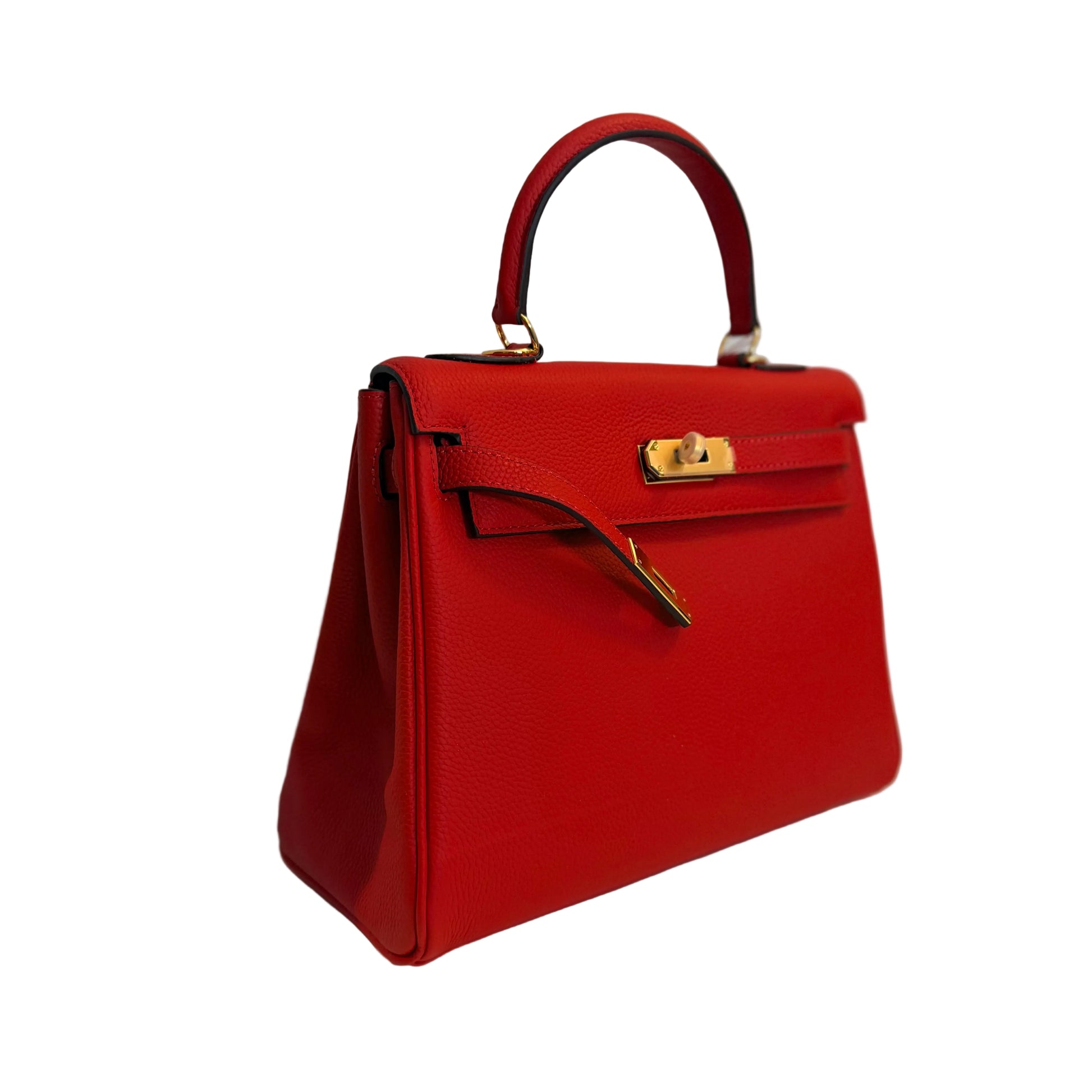 Red handbag with gold accents on a light gray background