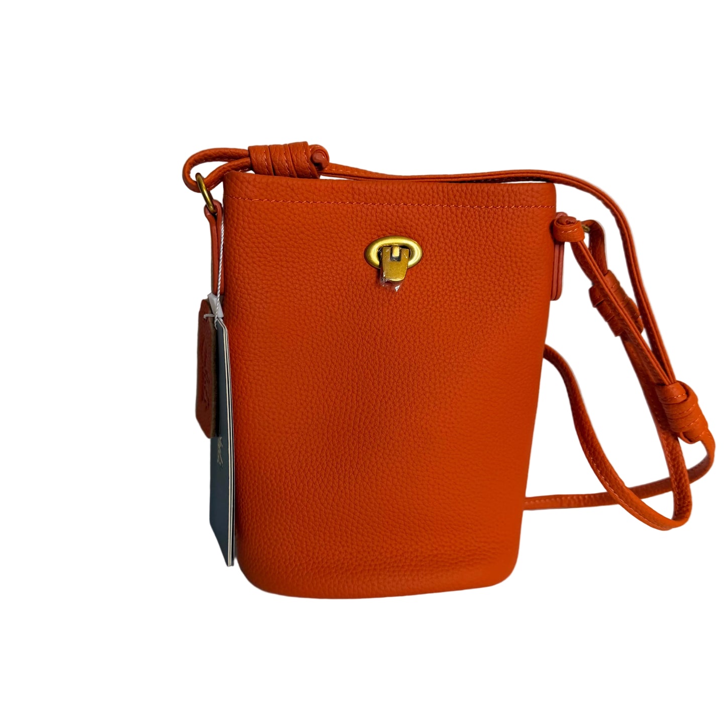 Orange crossbody bag with a strap on a light gray background