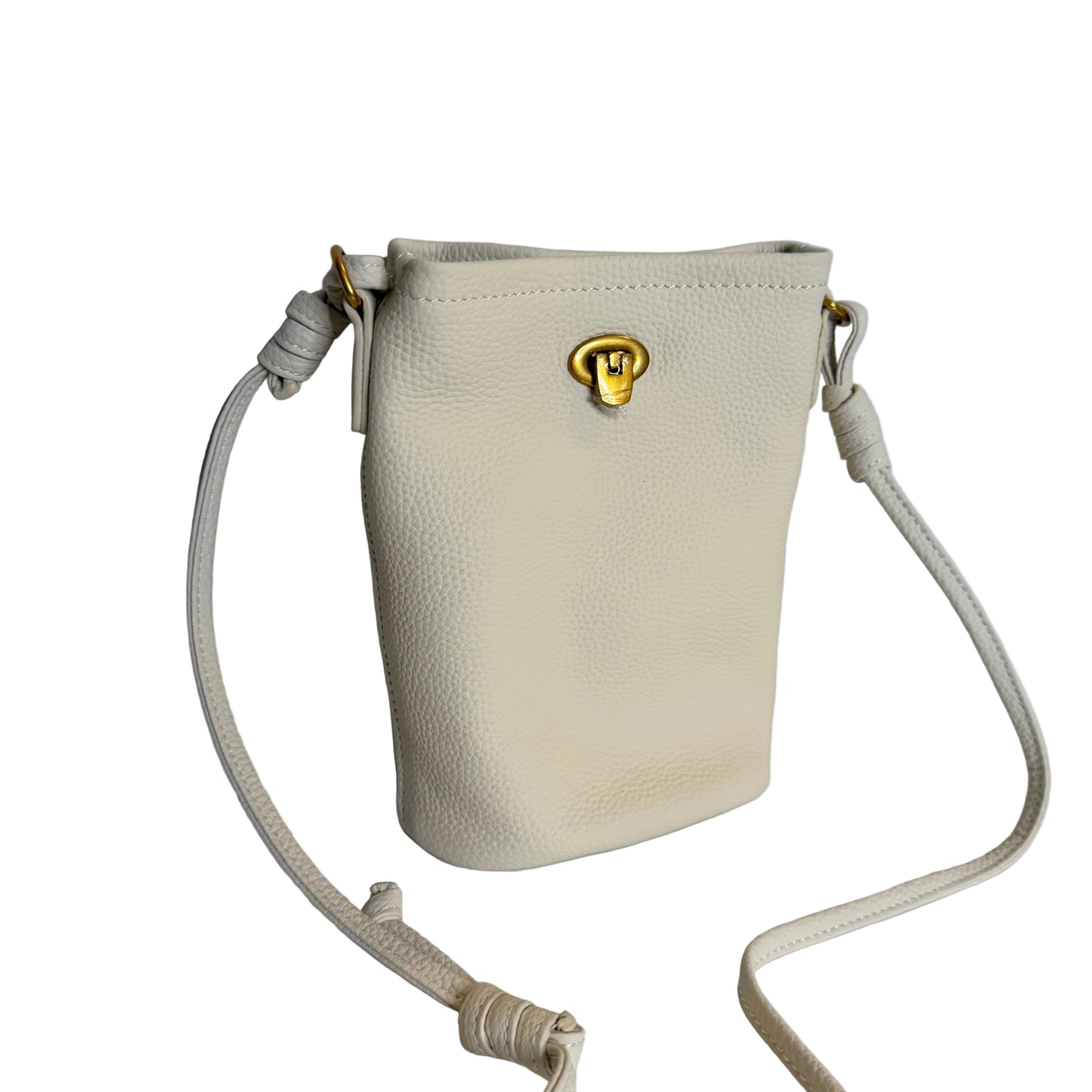 Beige handbag with a gold clasp on a light gray background