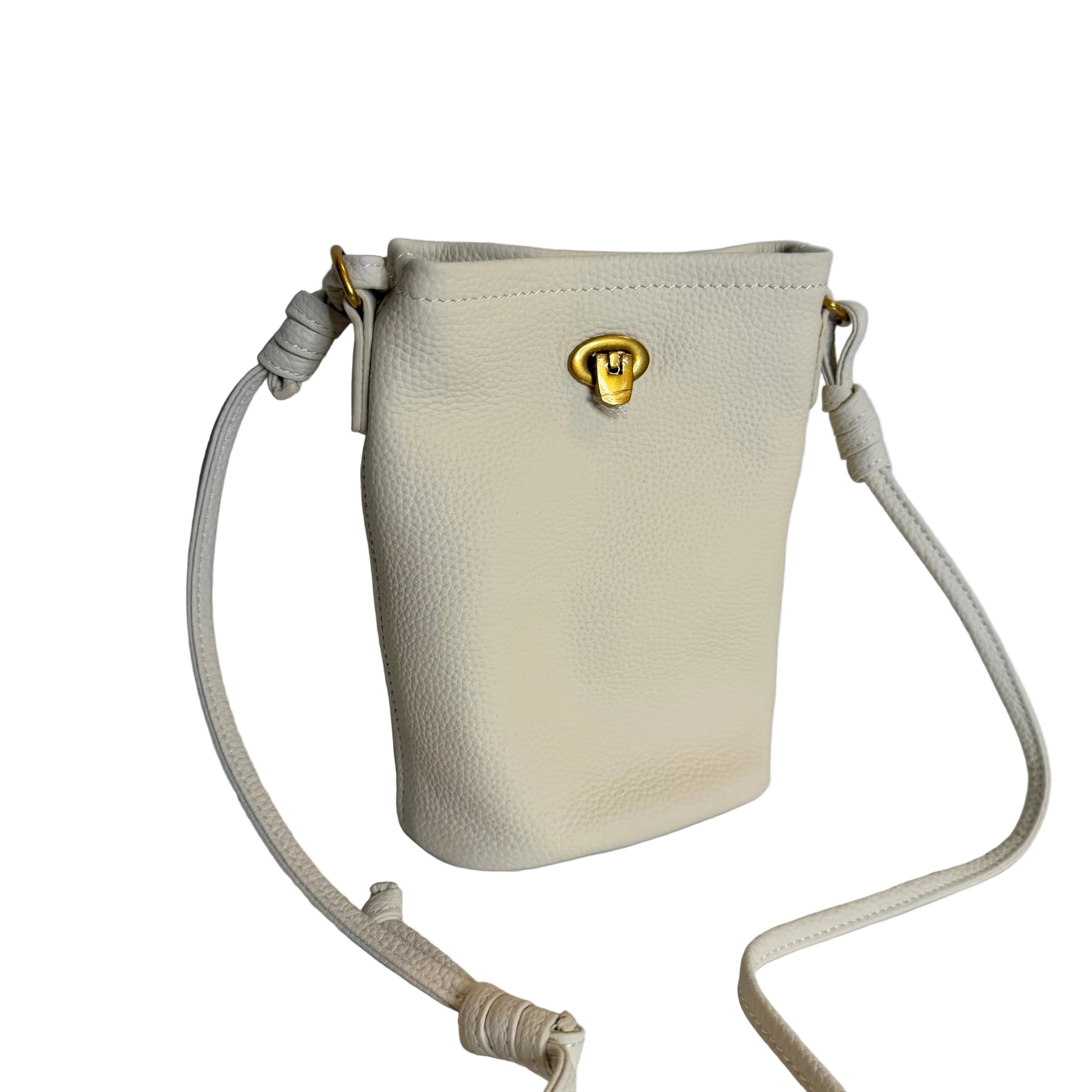 Beige handbag with a gold clasp on a light gray background