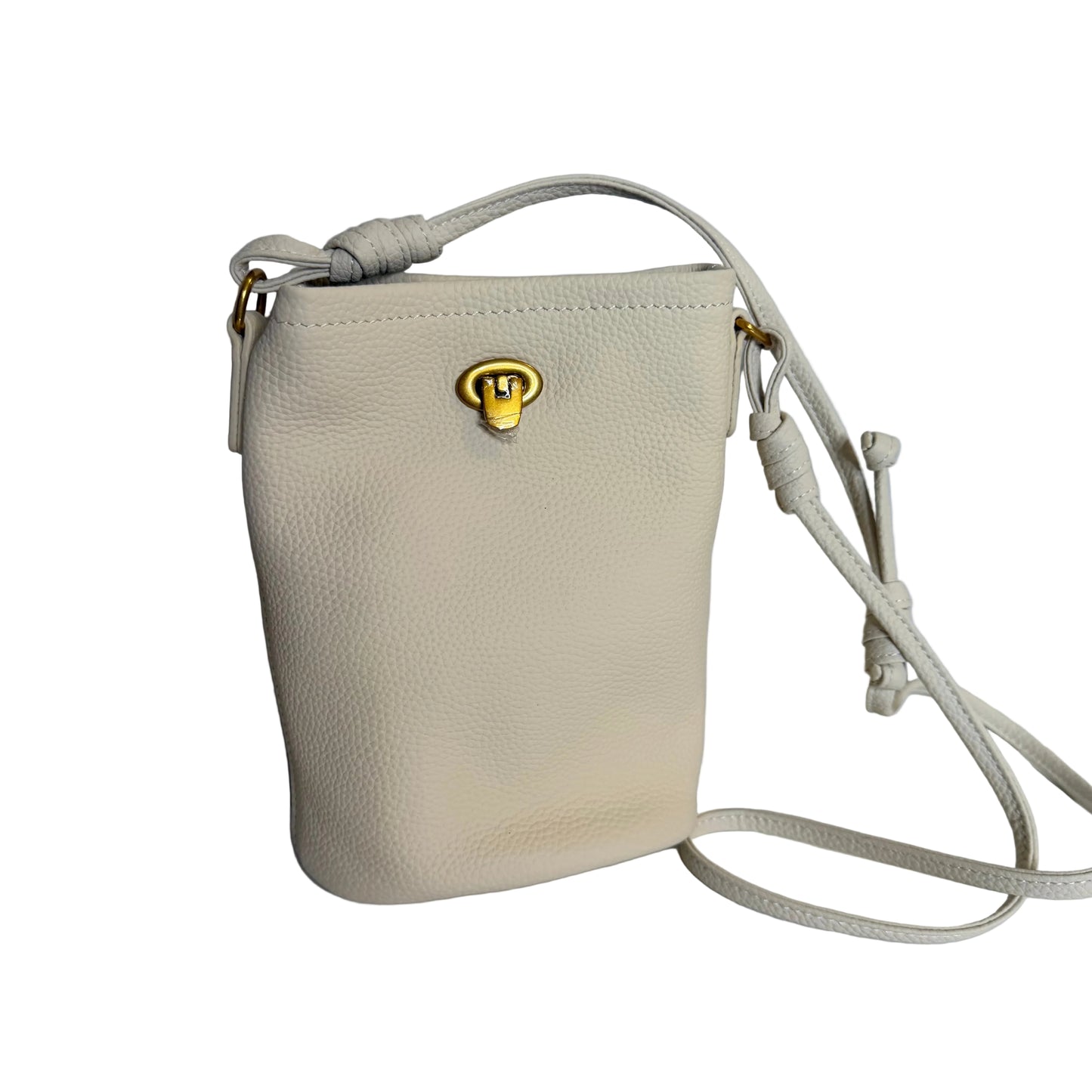 Beige handbag with a gold clasp on a light gray background