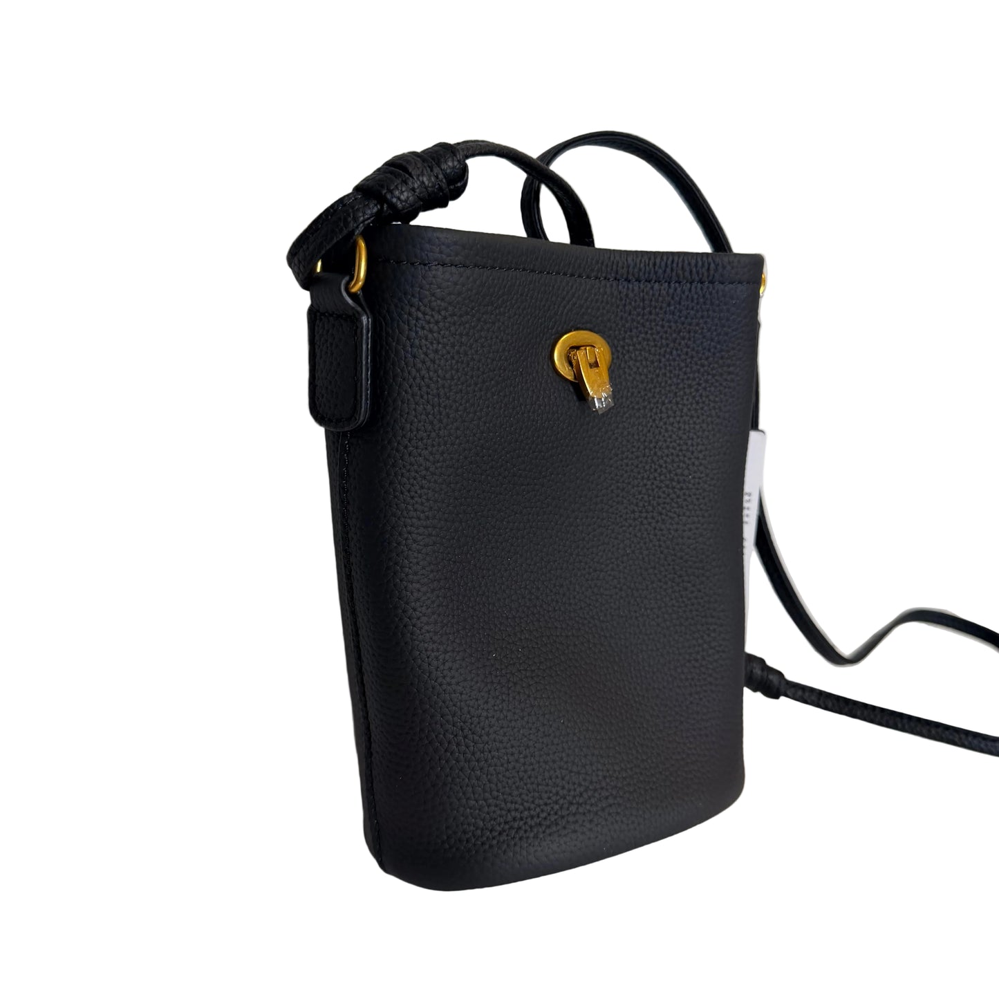 Black leather crossbody bag with a strap on a light gray background