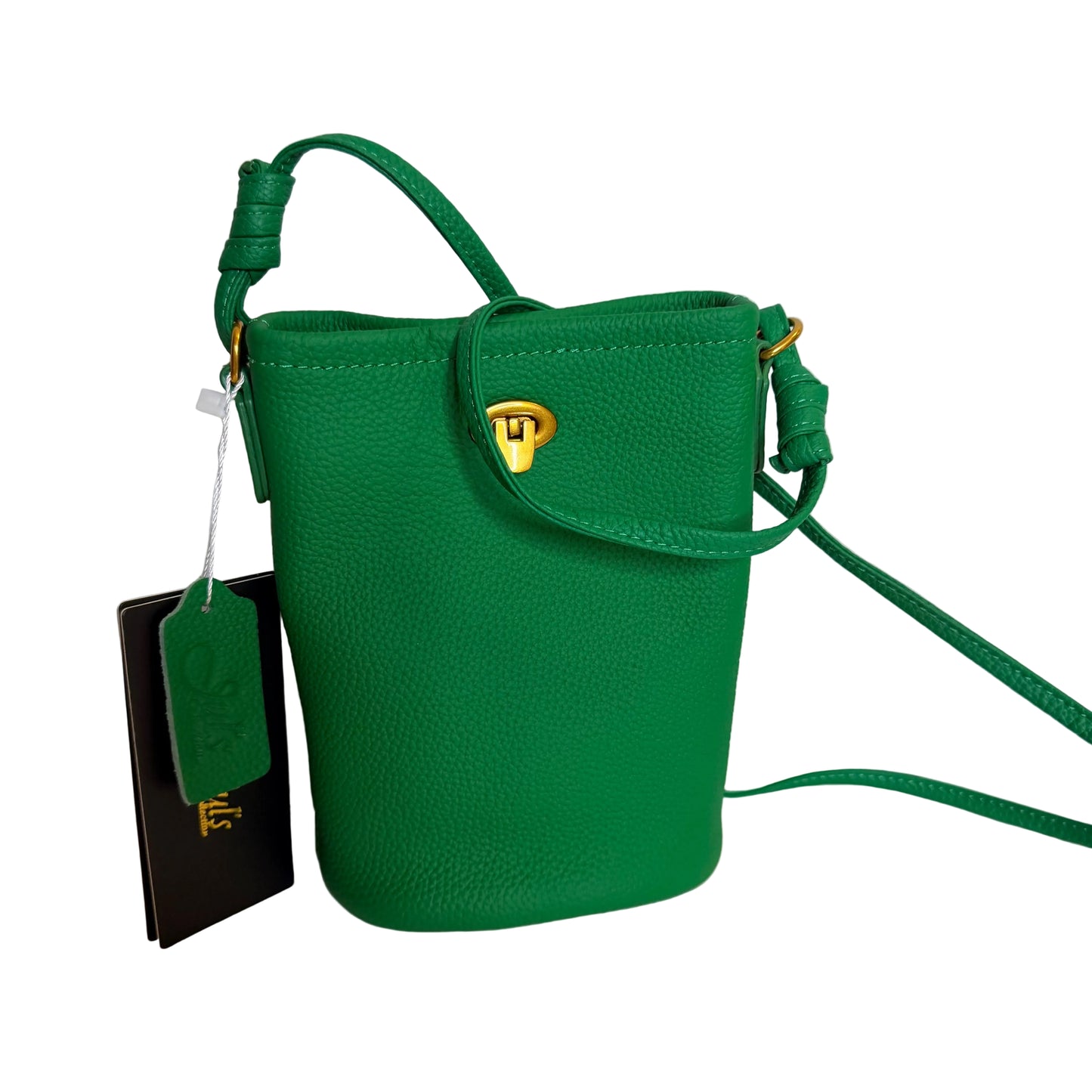Green leather handbag with a gold clasp on a white background