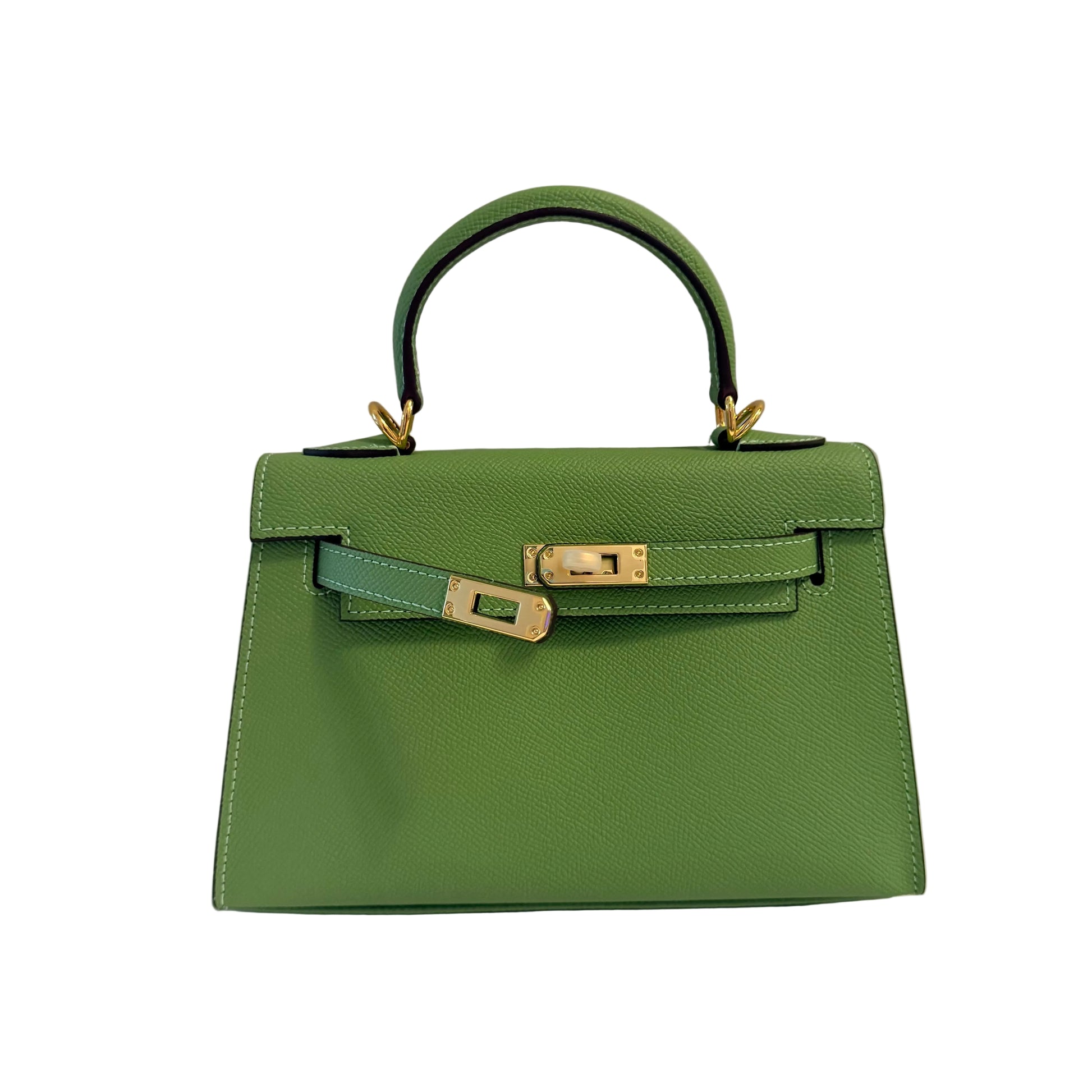 Green handbag with gold hardware on a gray background