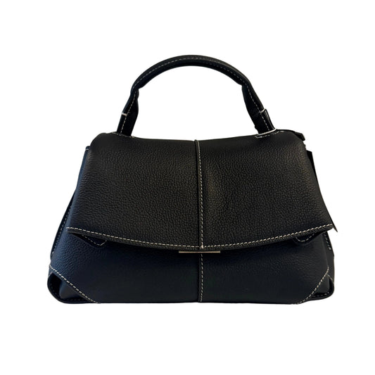 Black handbag on a light gray background