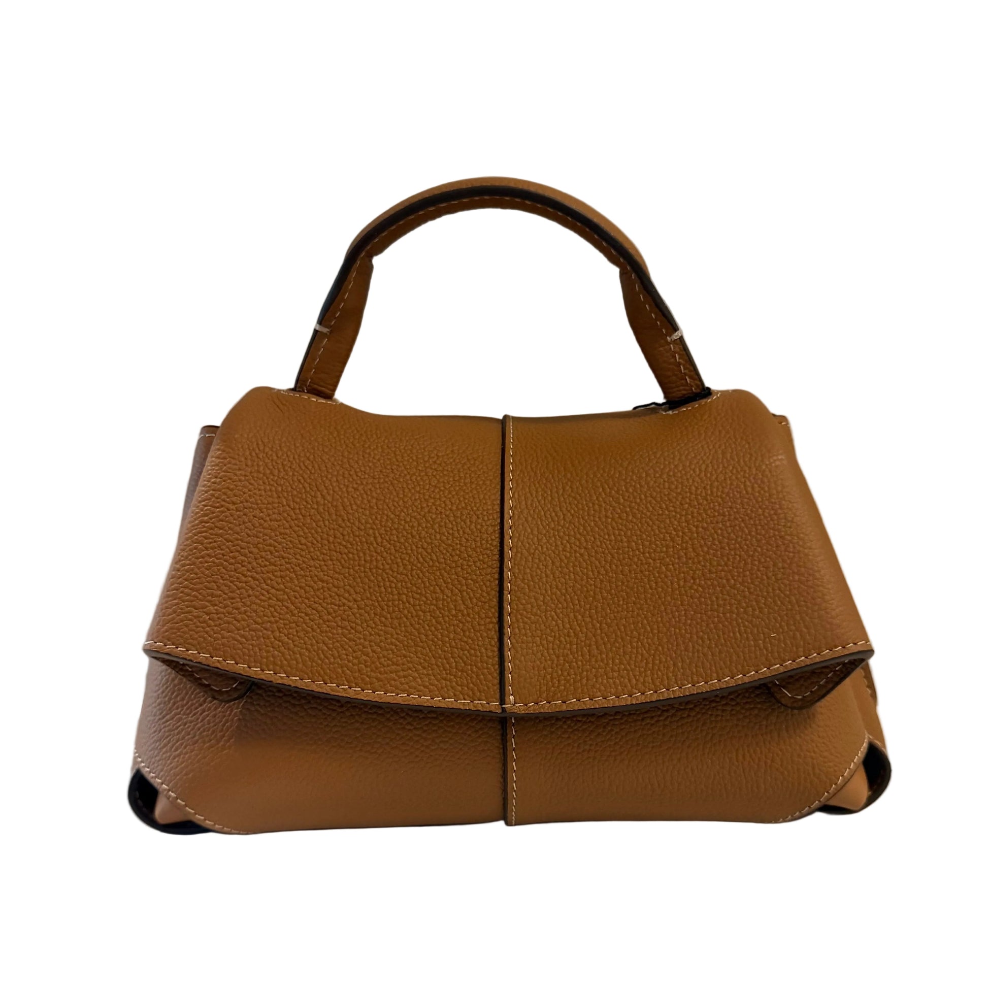 Brown leather handbag on a light gray background