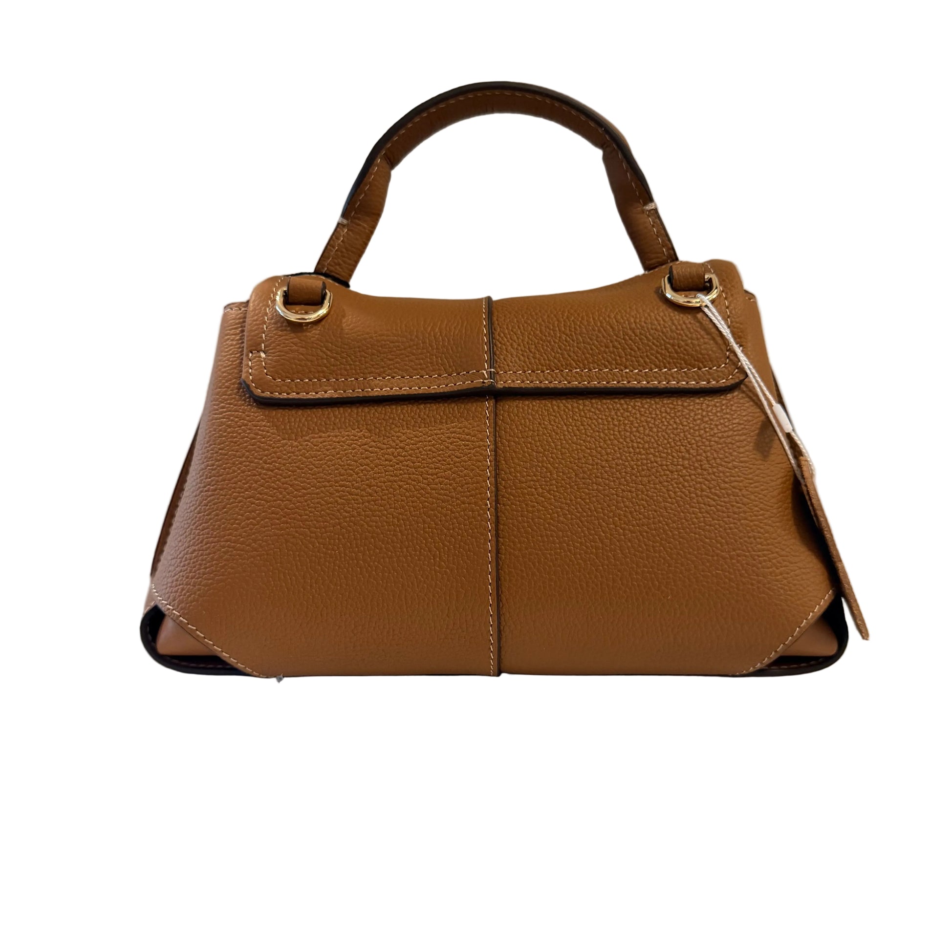 Brown leather handbag on a light gray background