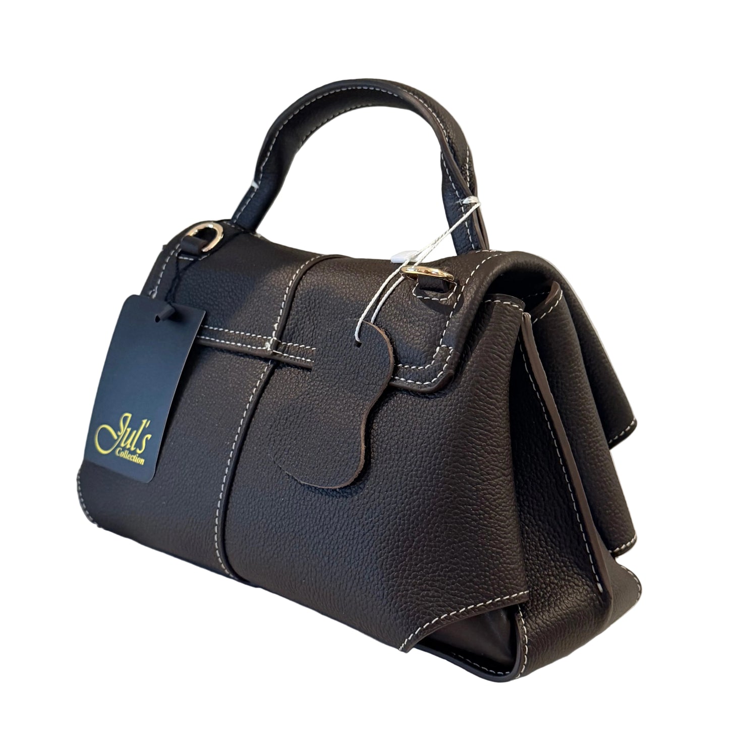 Brown handbag with a visible brand tag on a light gray background
