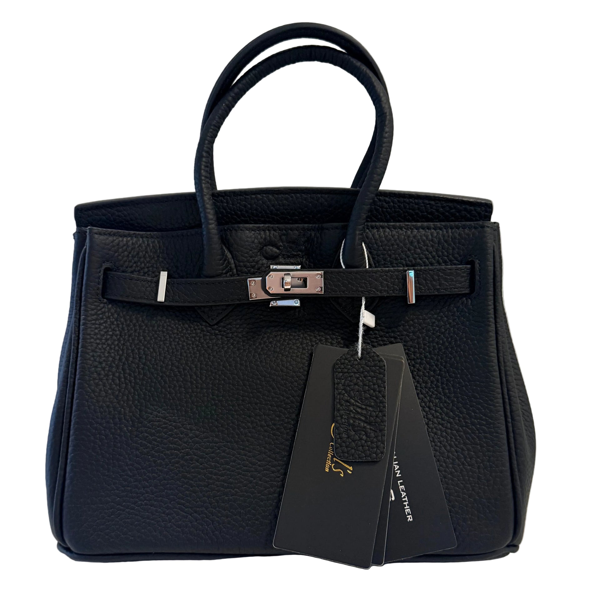 Black leather handbag with a visible brand tag on a light gray background