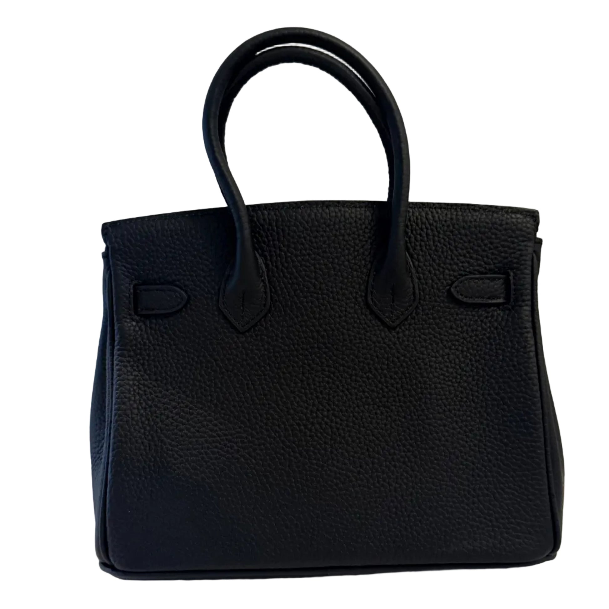 Black handbag on a light gray background