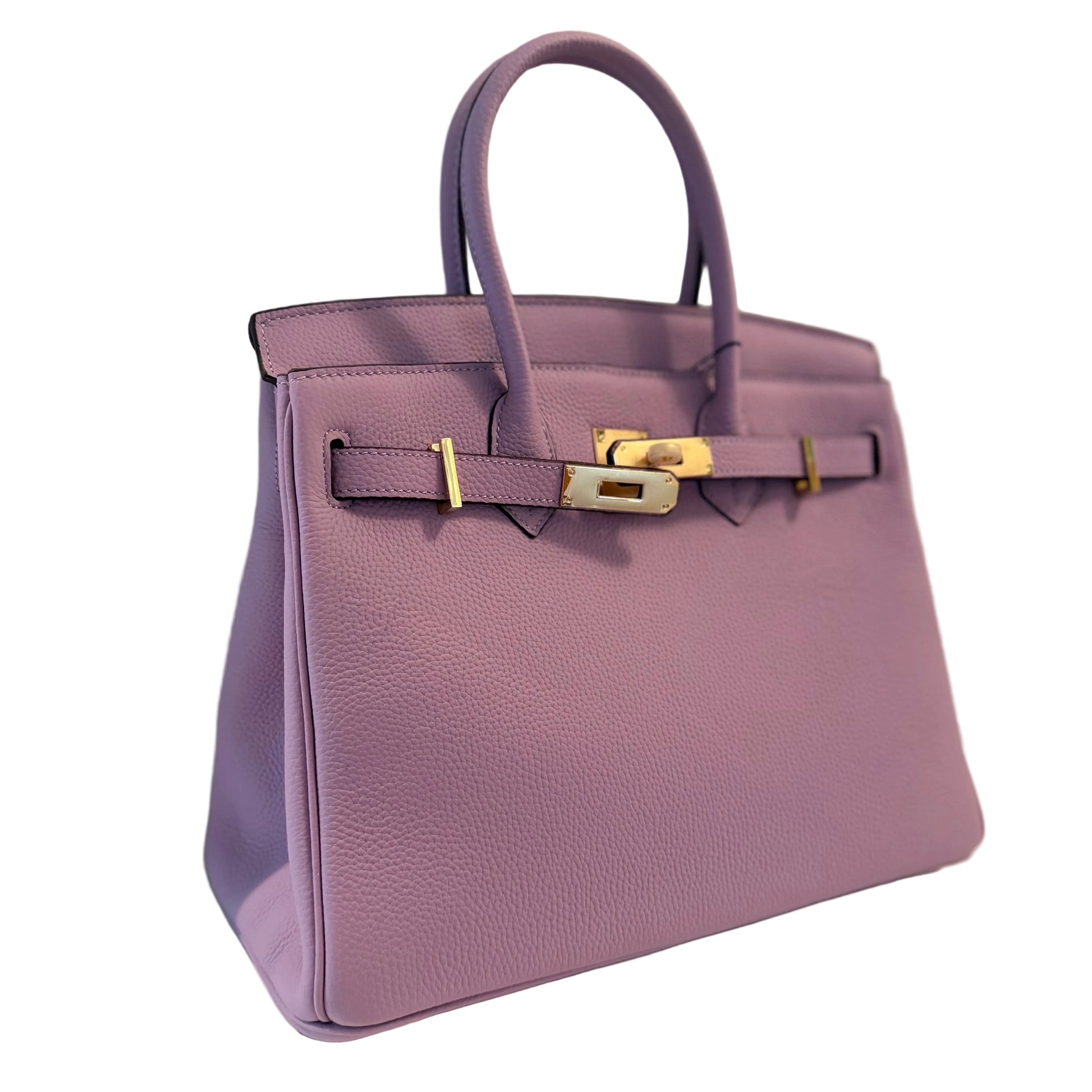 Purple handbag with gold hardware on a light gray background