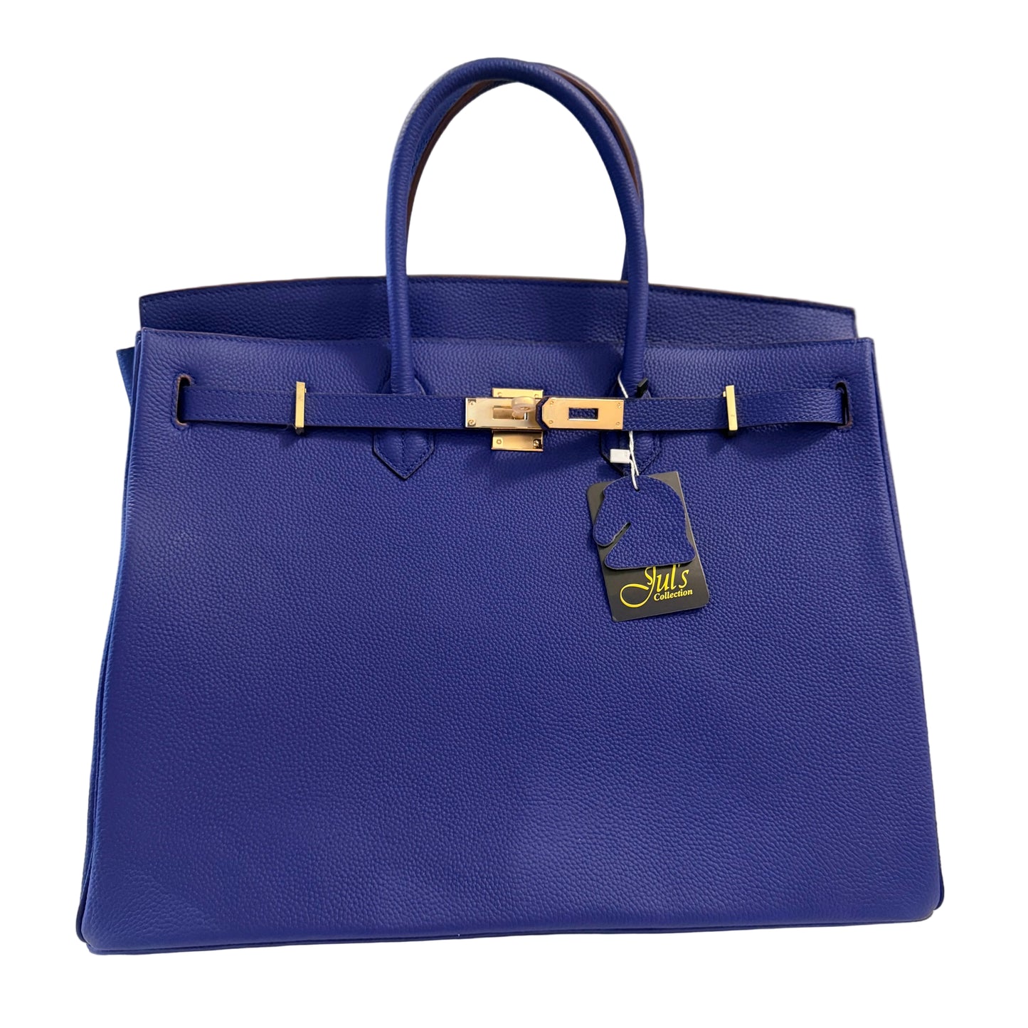 Blue handbag with a gold clasp on a white surface