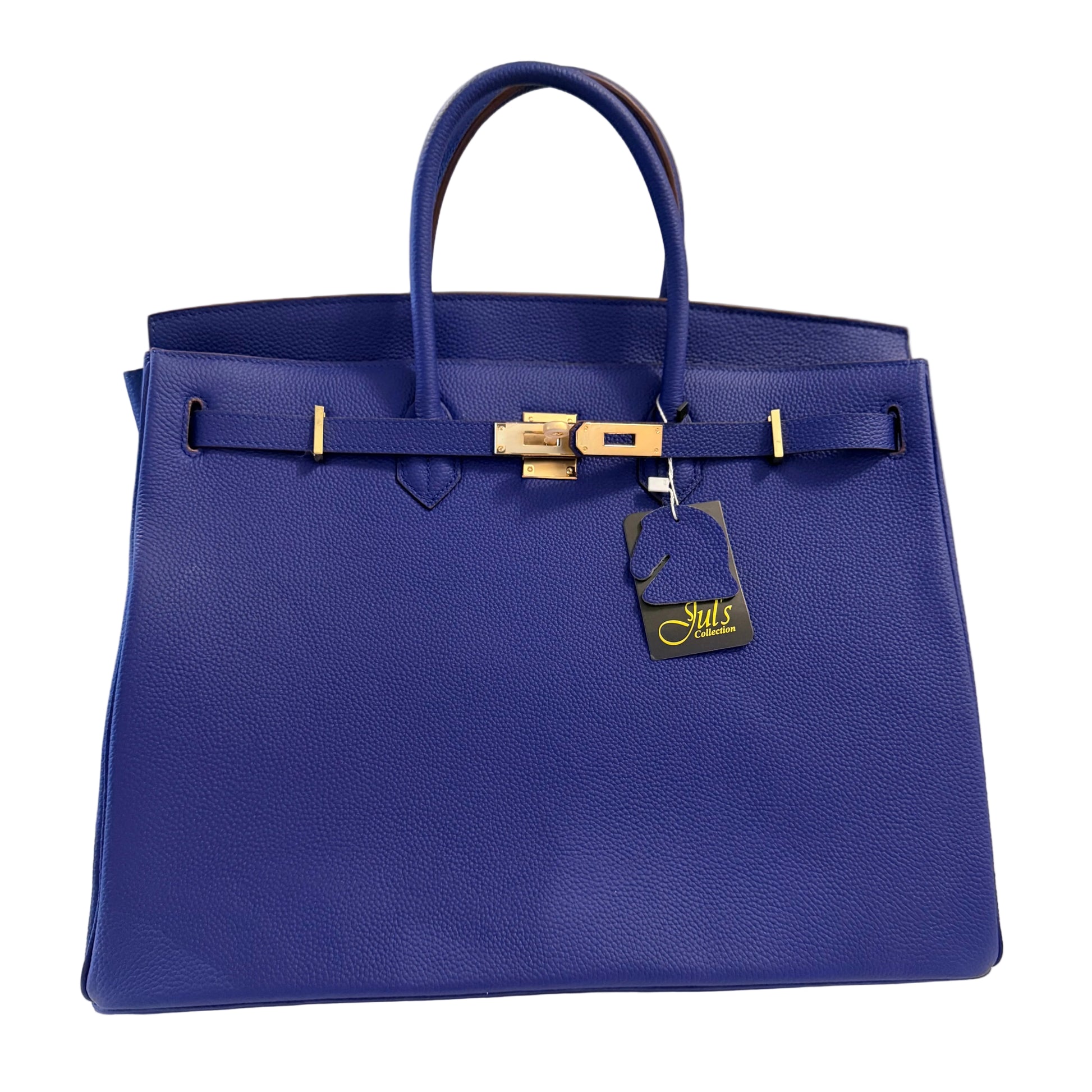 Blue handbag with a gold clasp on a white surface