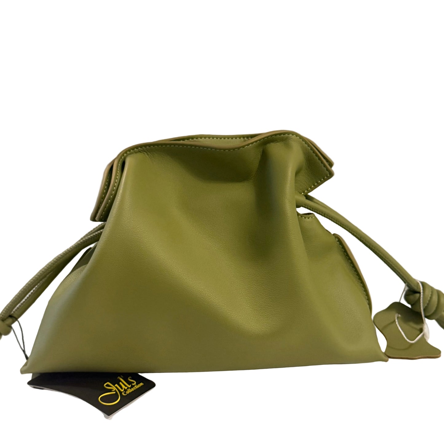 Green leather drawstring bag on a light gray background