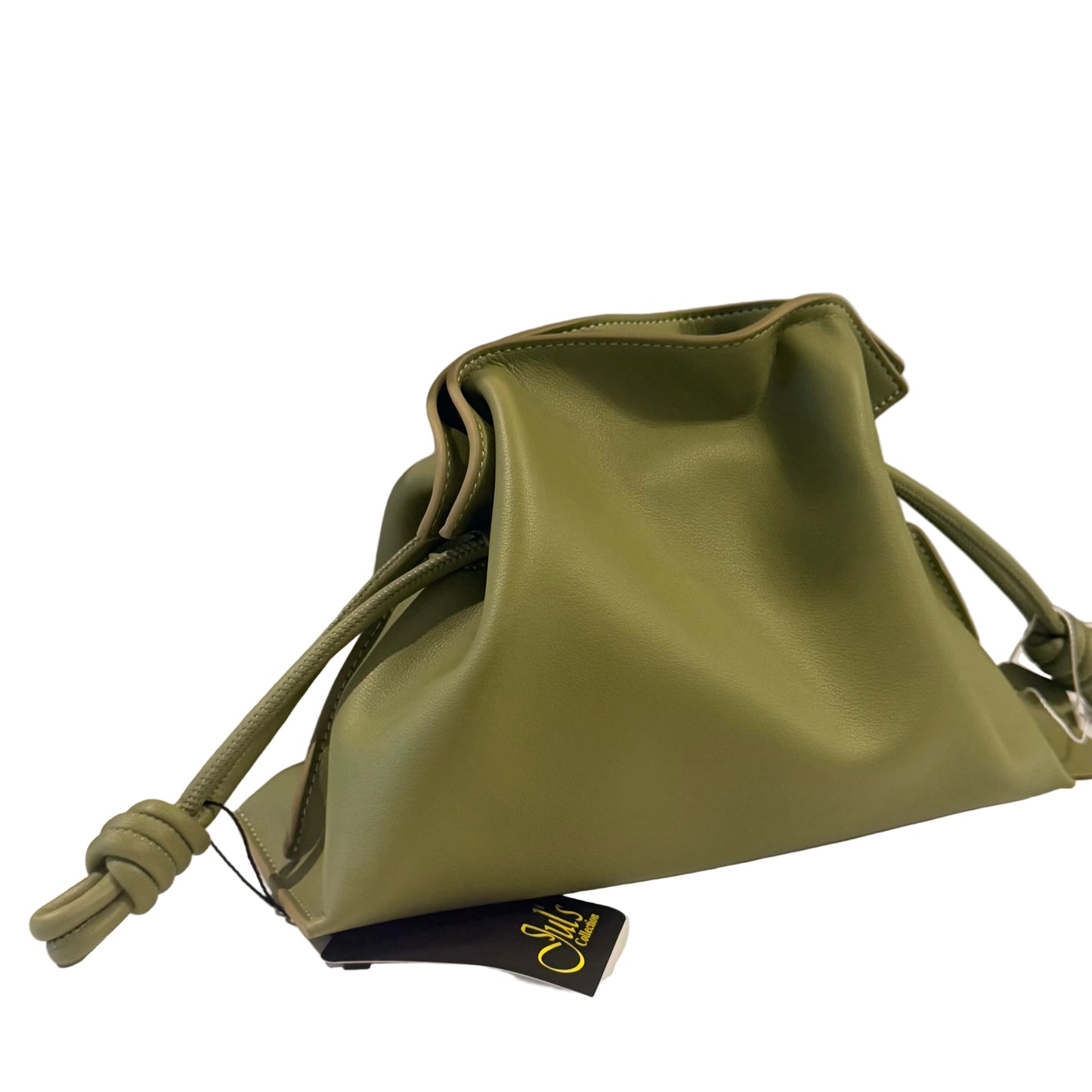 Green drawstring bag on a light gray background