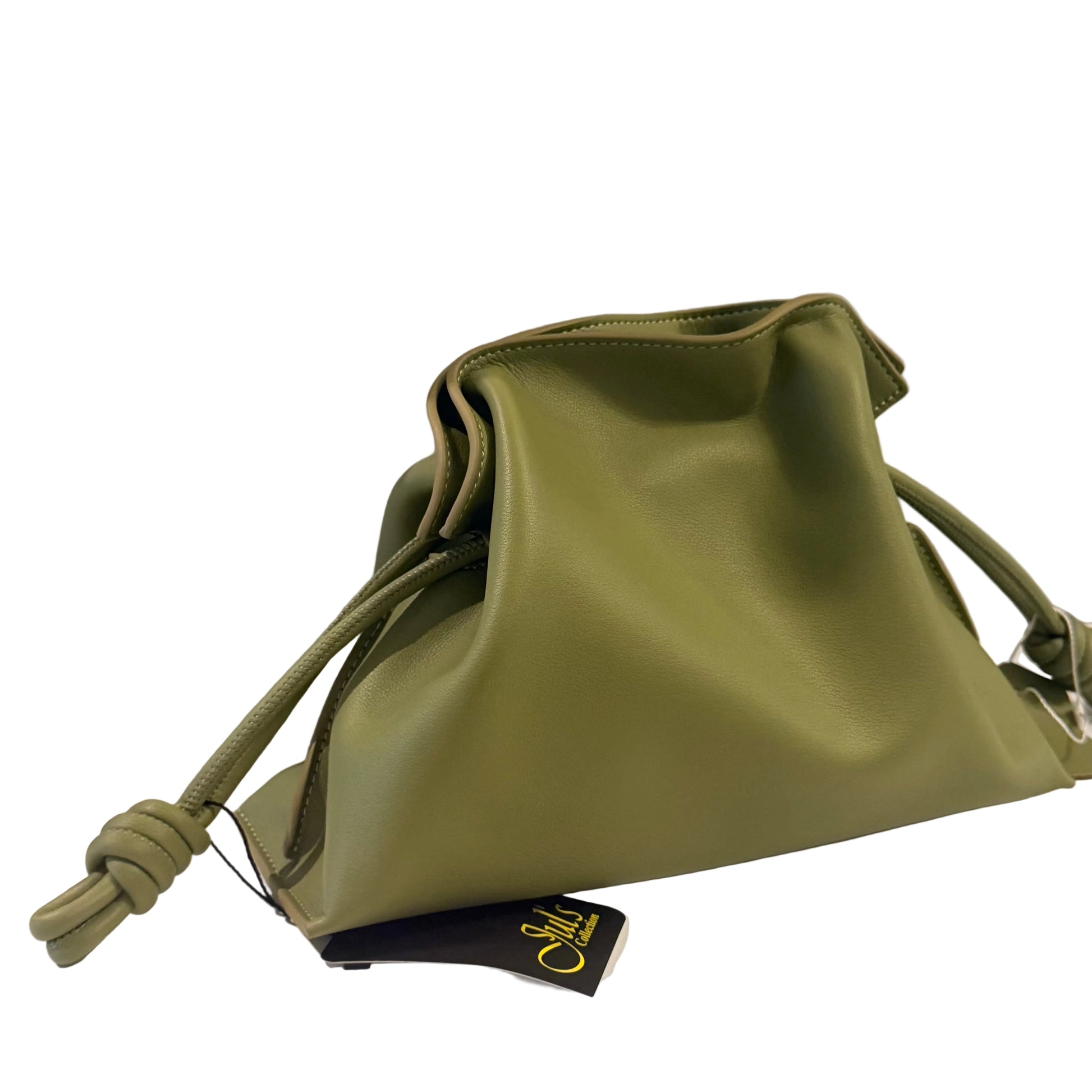Green drawstring bag on a light gray background