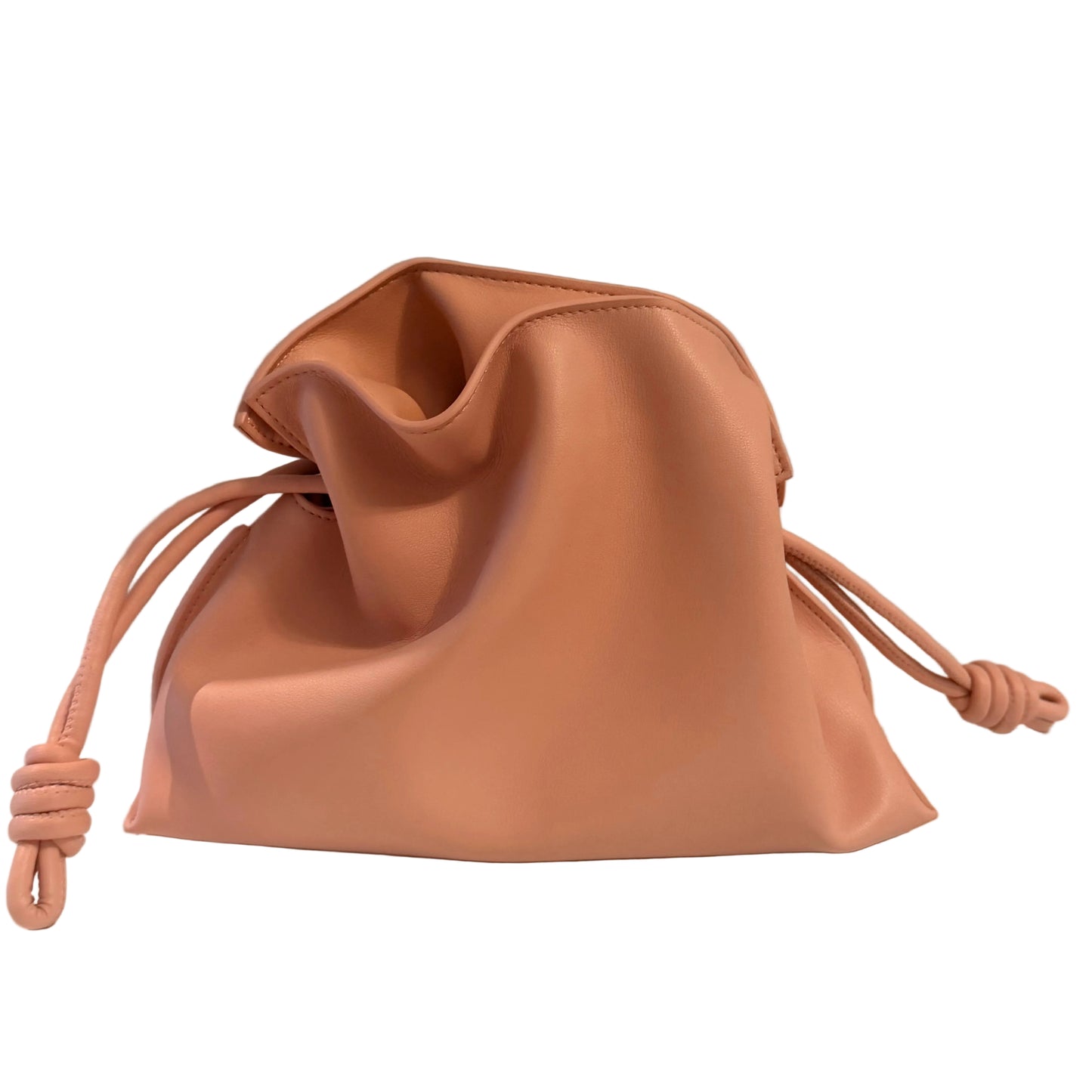 Pink drawstring bag on a light gray background