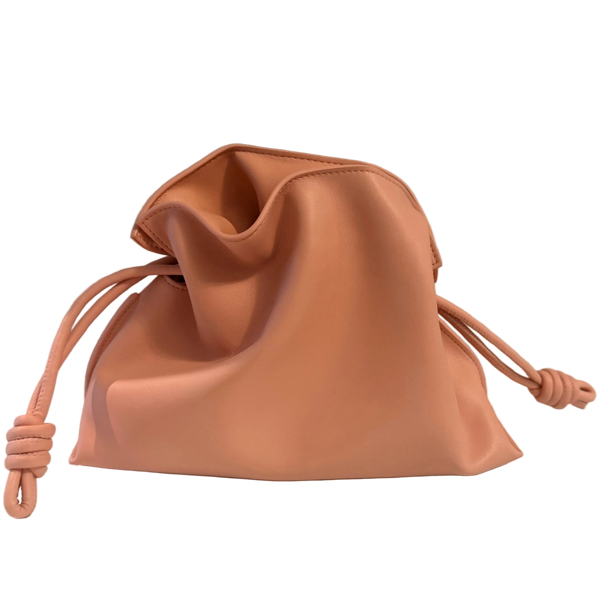 Pink drawstring bag on a light gray background