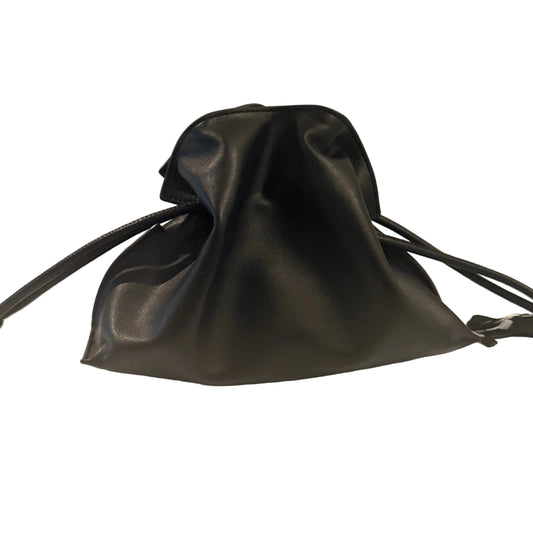 Black leather drawstring bag on a light gray background