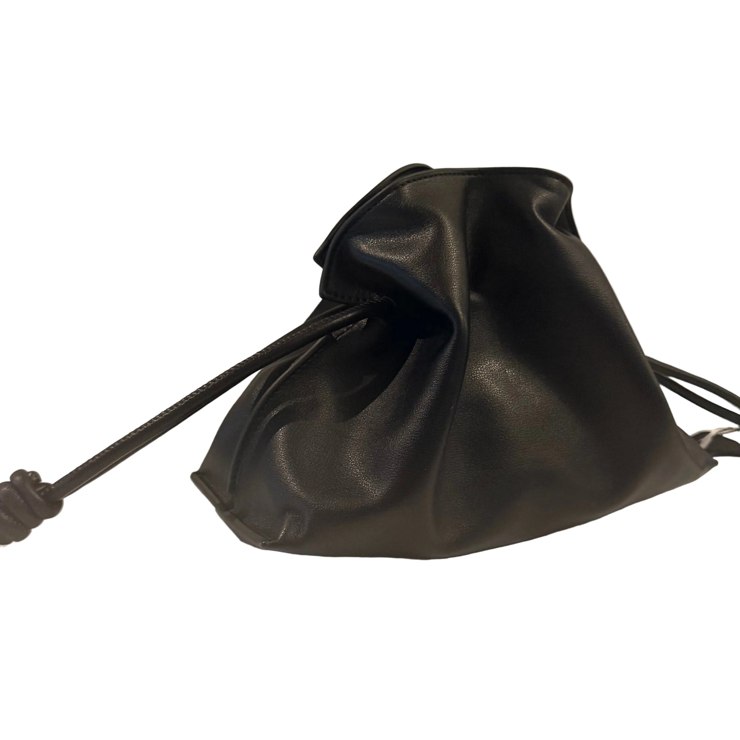 Black leather drawstring bag on a light gray background