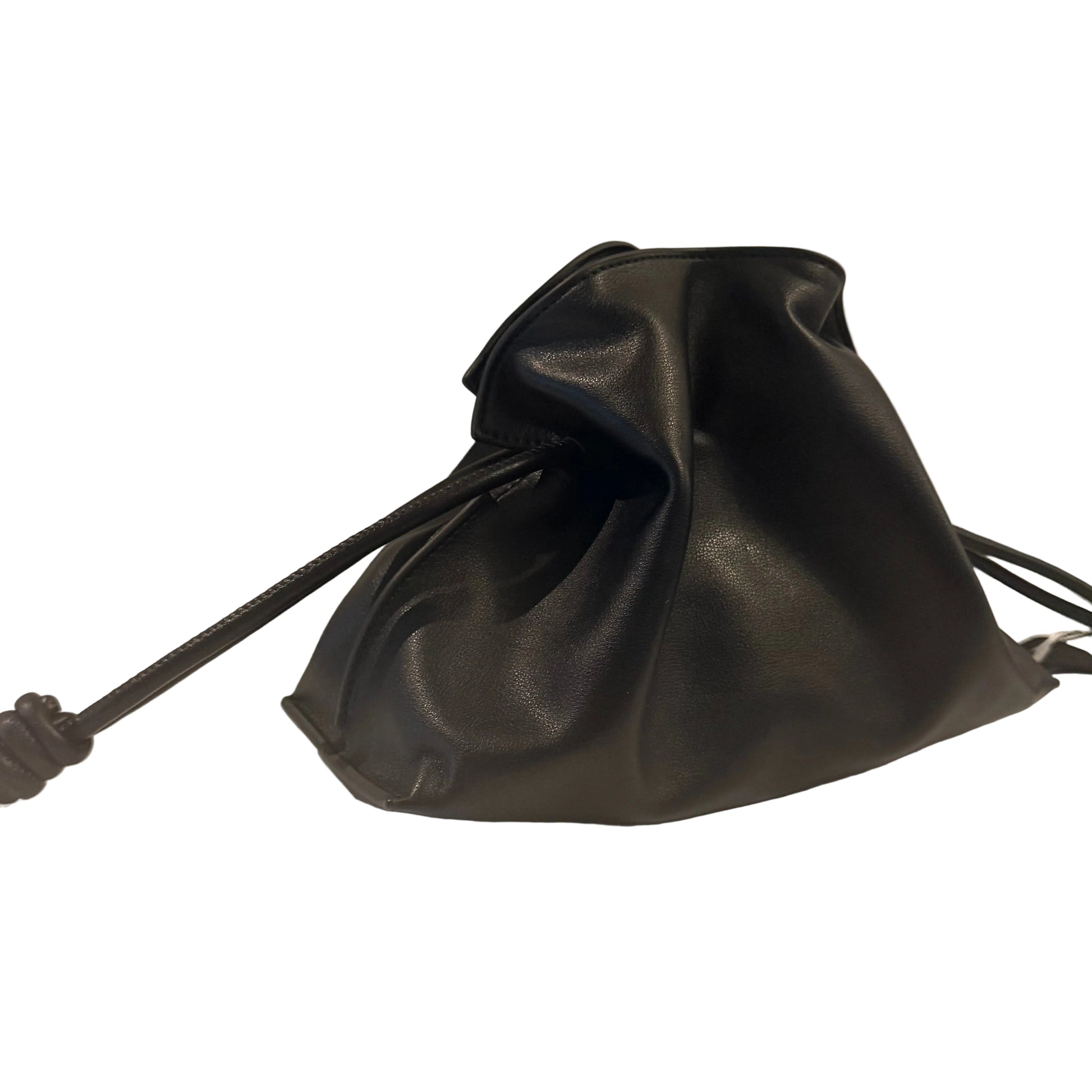 Black leather drawstring bag on a light gray background