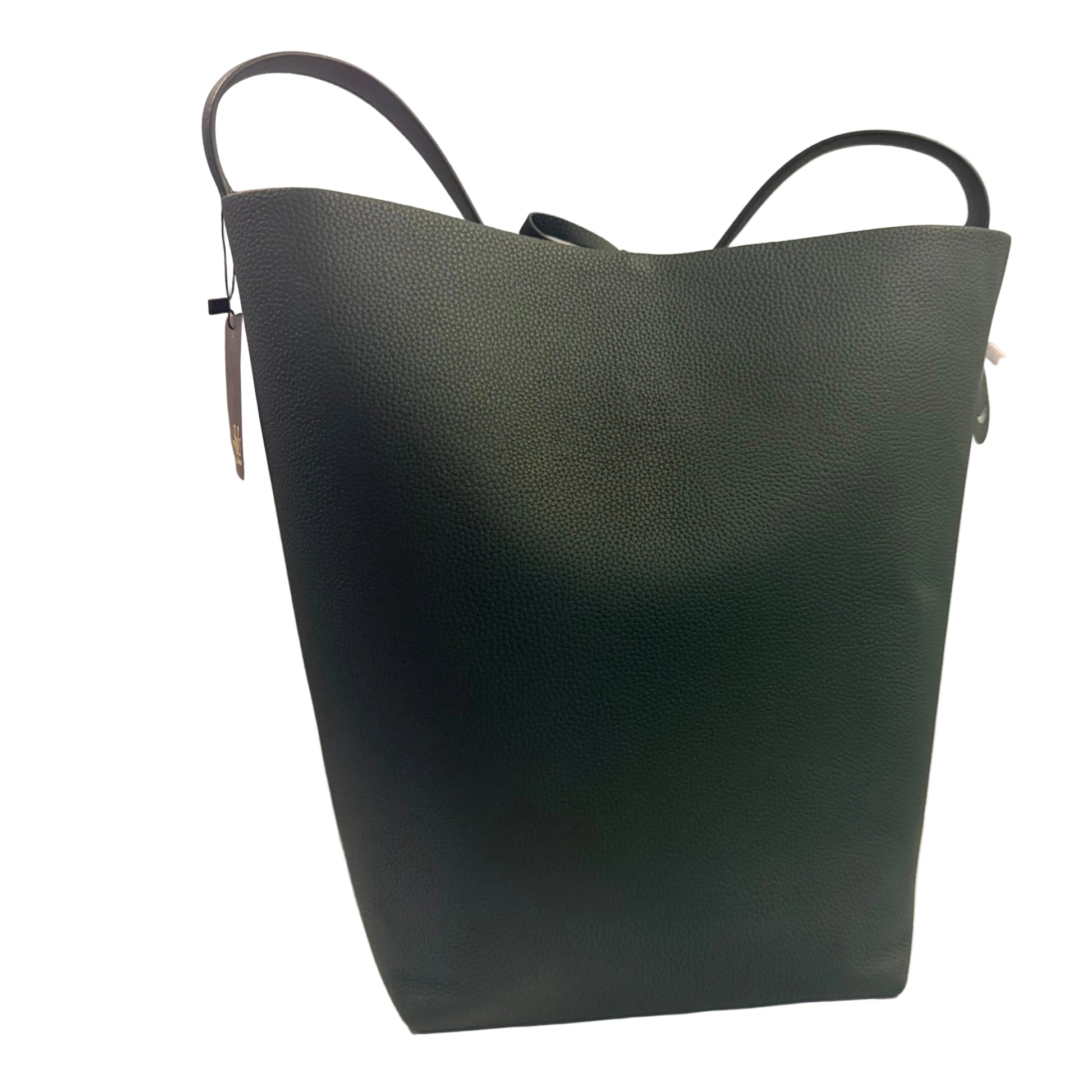 Green leather tote bag on a white surface with a light gray background