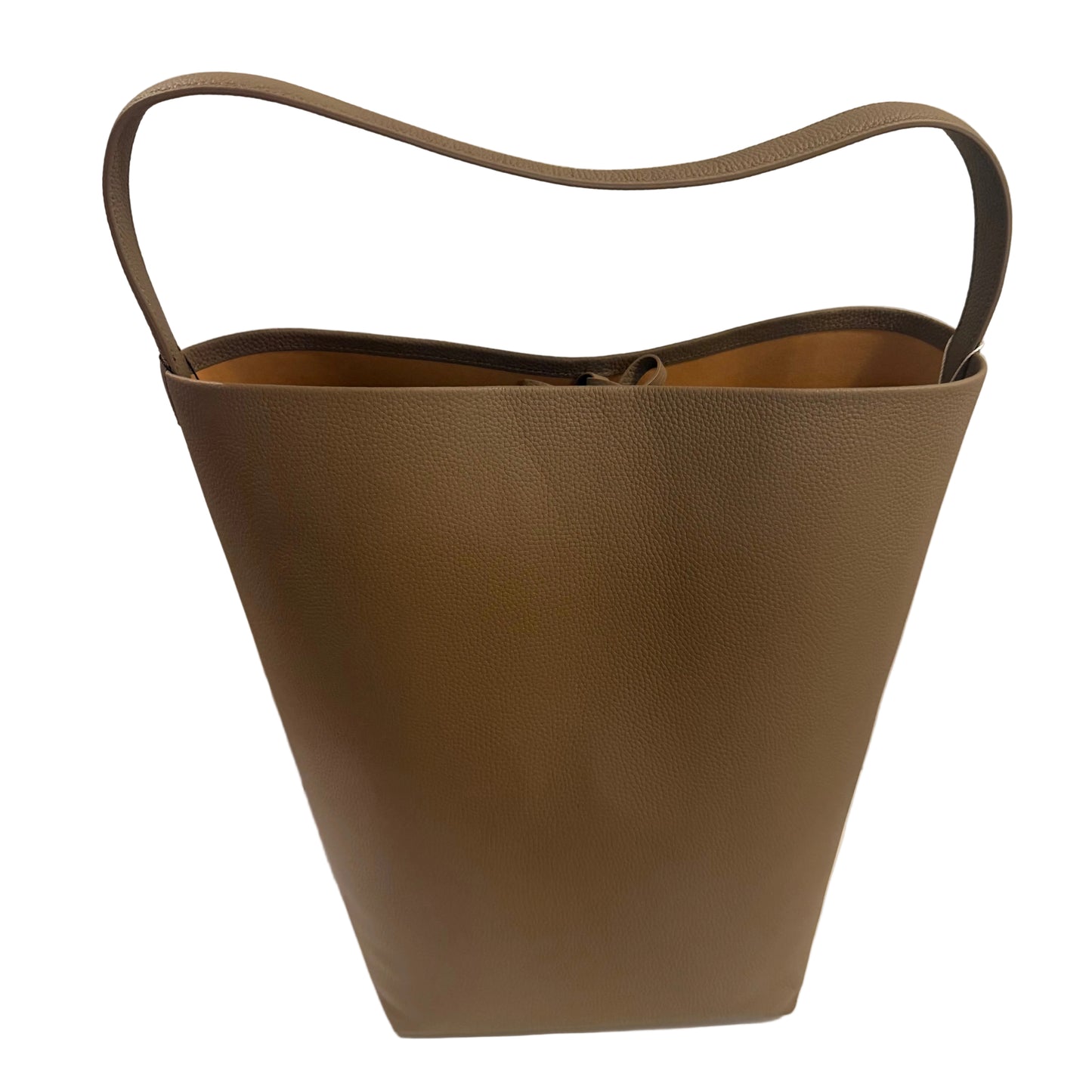 Brown leather handbag with handles on a white surface