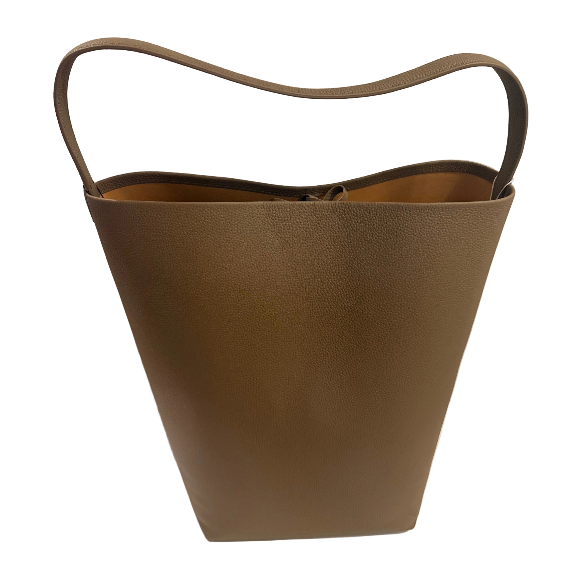 Brown leather handbag with handles on a white surface